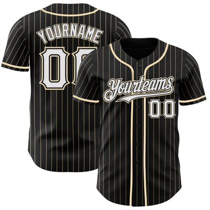 Custom Black Cream Pinstripe White Authentic Baseball Jersey - Sky-Custom