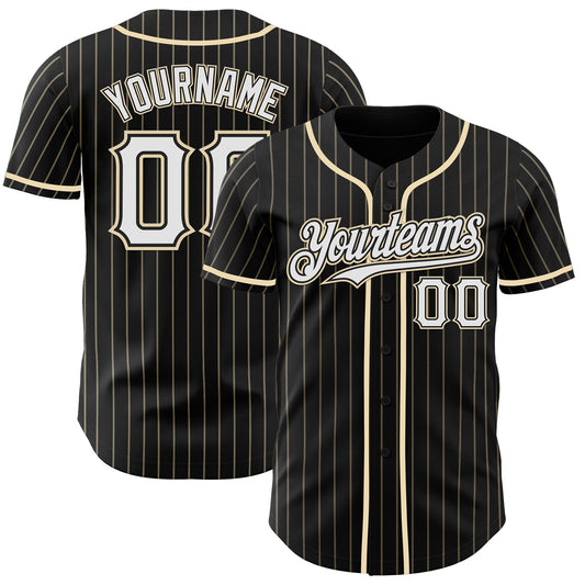 Custom Black Cream Pinstripe White Authentic Baseball Jersey - Sky-Custom