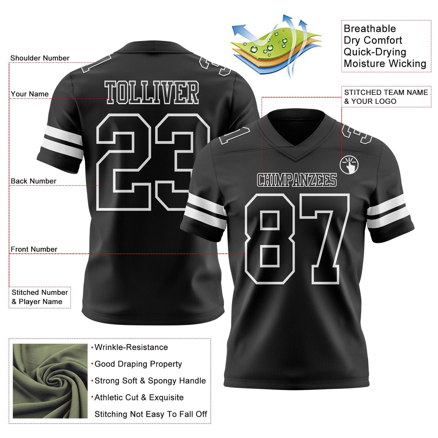 Custom Black White Mesh Authentic Football Jersey - Sky-Custom