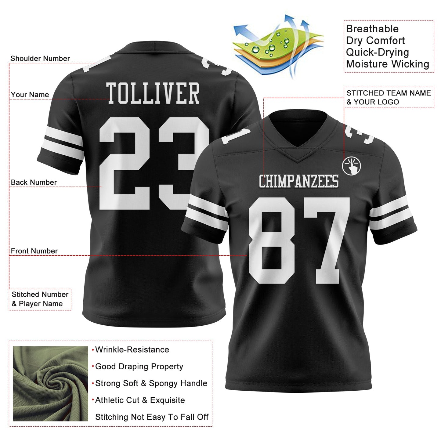 Custom Black White Mesh Authentic Football Jersey - Sky-Custom