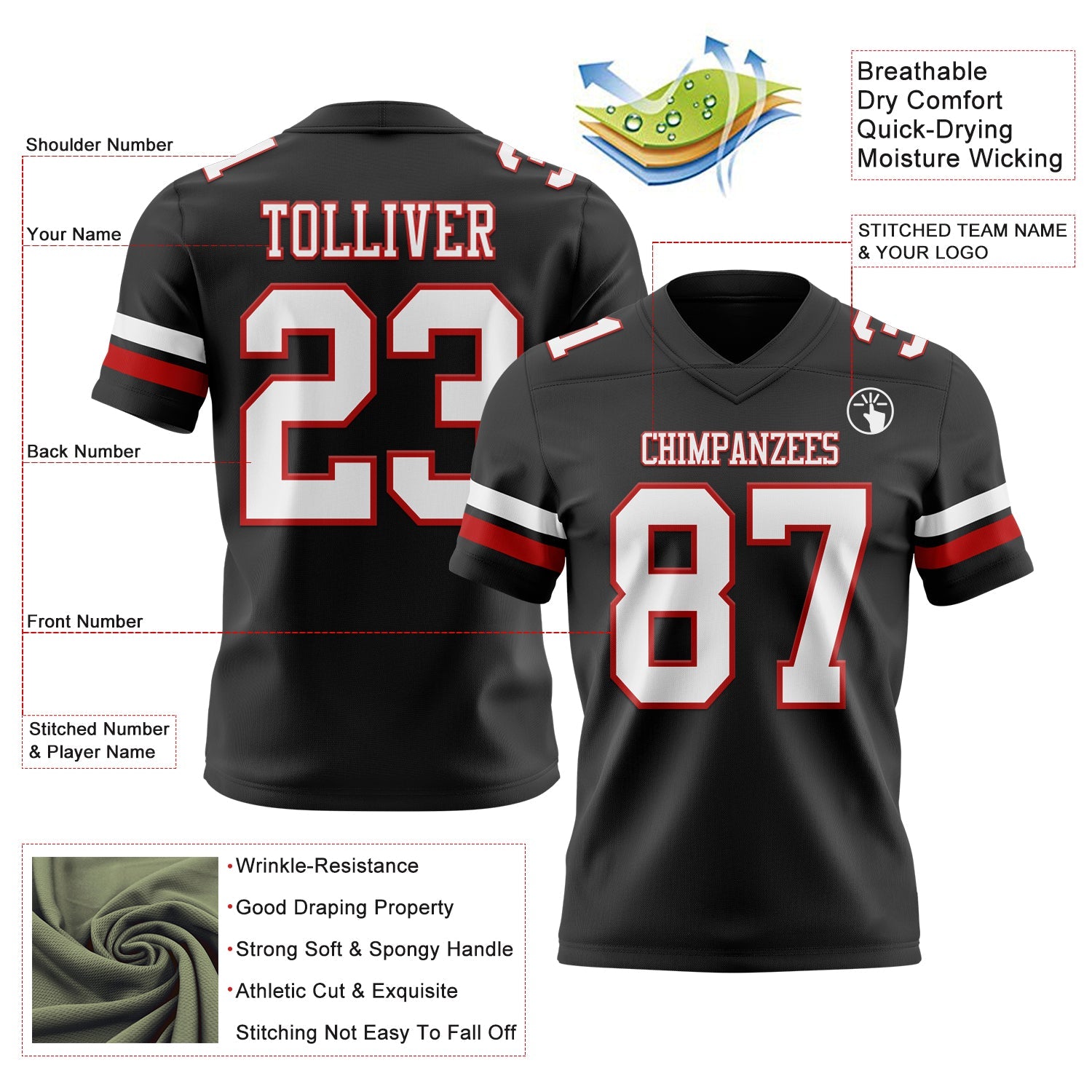 Custom Black White-Red Mesh Authentic Football Jersey - Sky-Custom