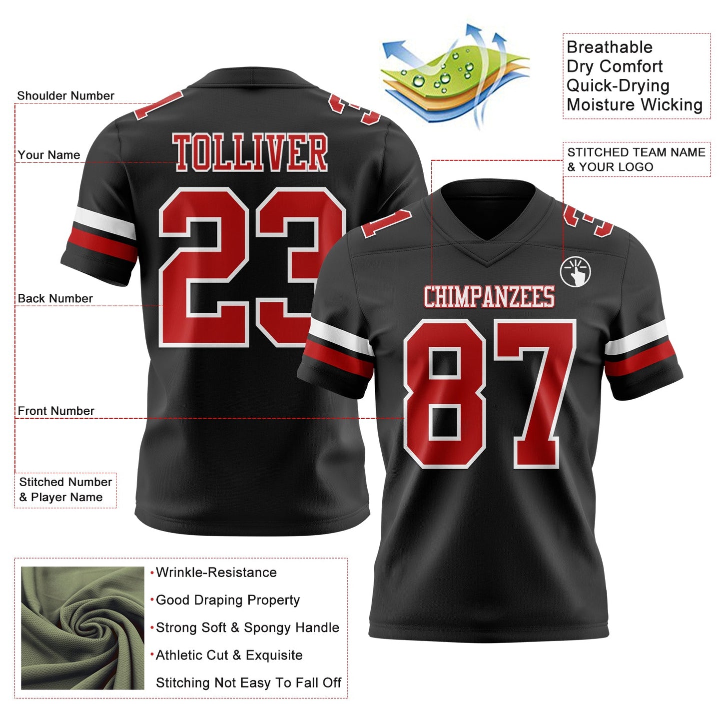 Custom Black Red-White Mesh Authentic Football Jersey - Sky-Custom