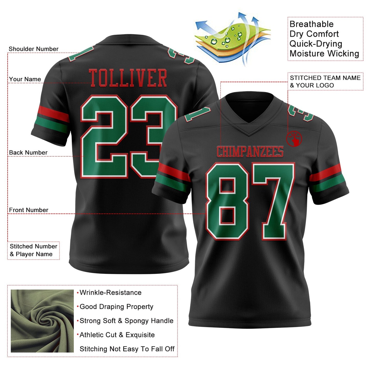 Custom Black Kelly Green White-Red Mesh Authentic Football Jersey - Sky-Custom