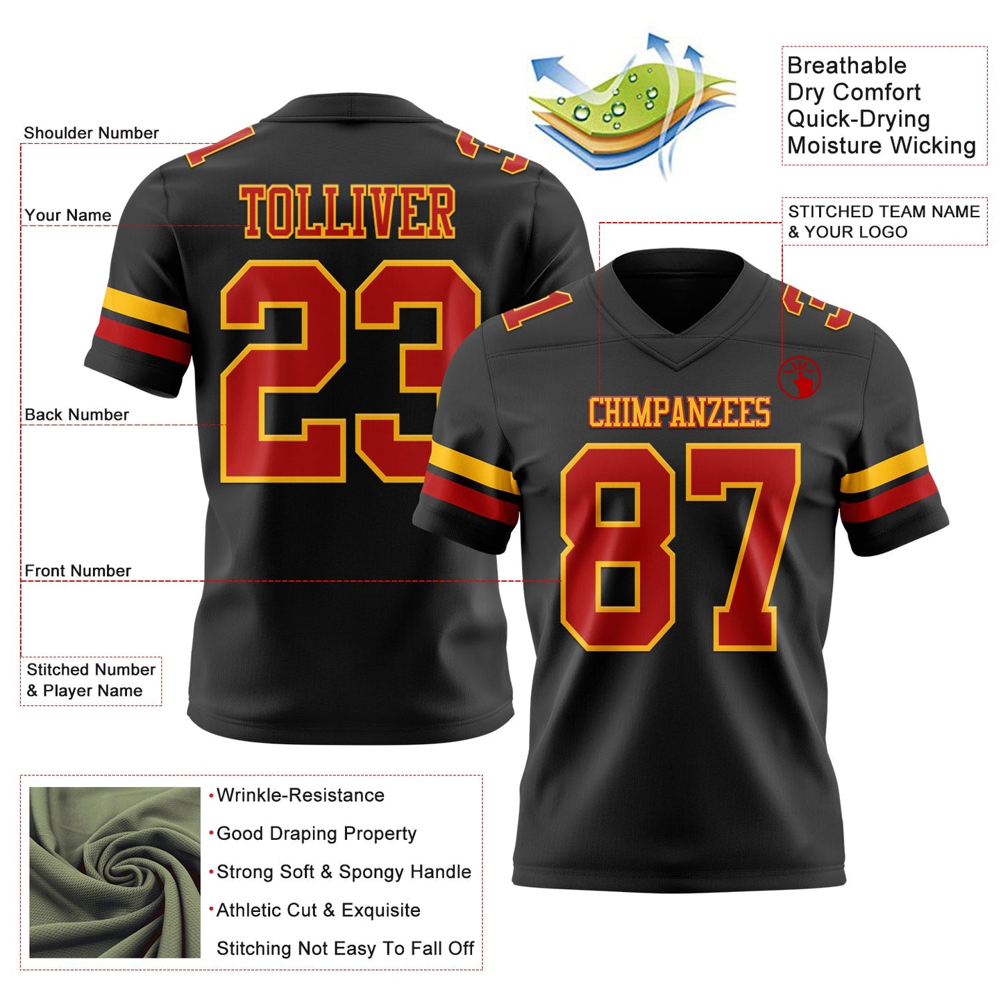 Custom Black Red-Gold Mesh Authentic Football Jersey - Sky-Custom