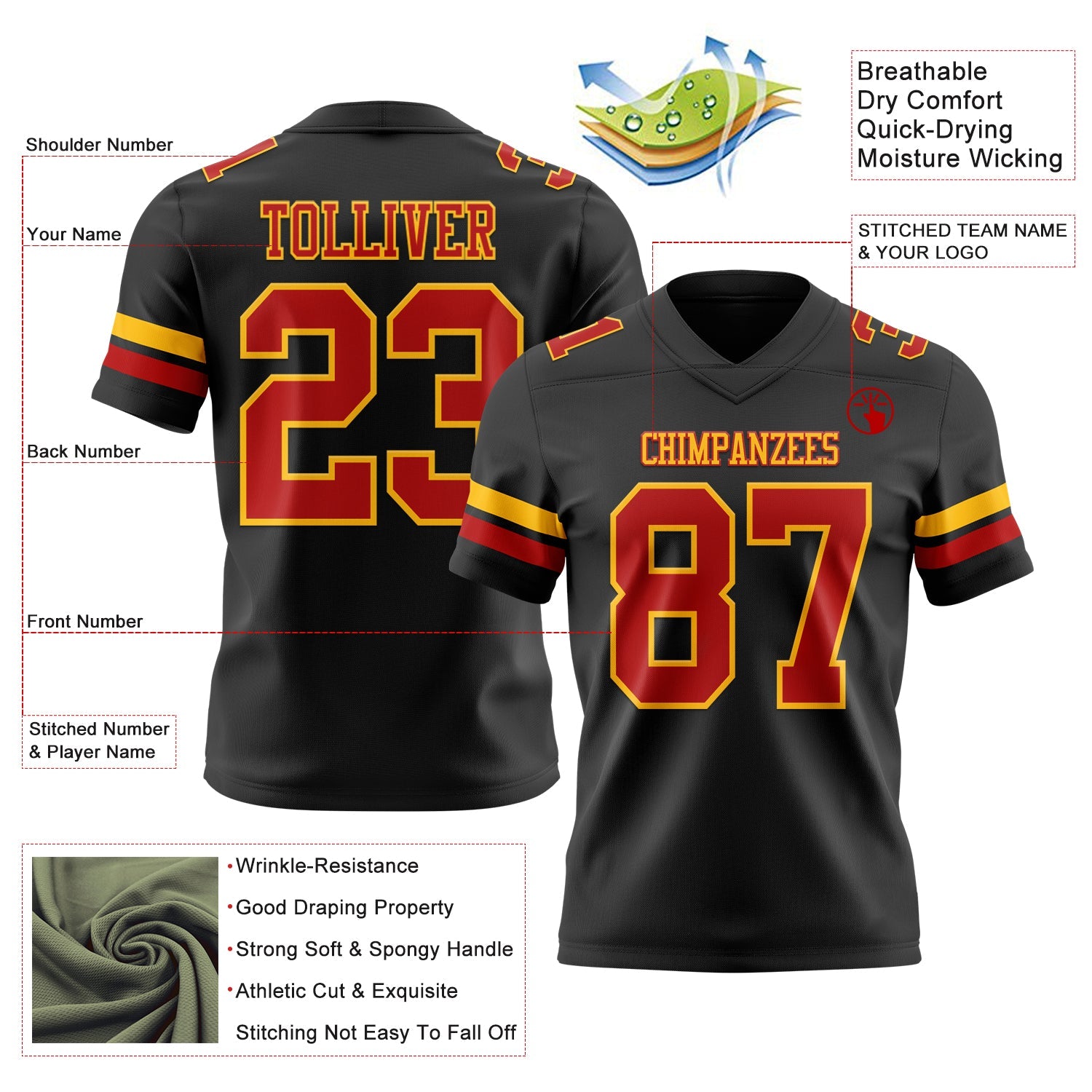 Custom Black Red-Gold Mesh Authentic Football Jersey - Sky-Custom