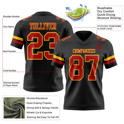 Custom Black Red-Gold Mesh Authentic Football Jersey - Sky-Custom