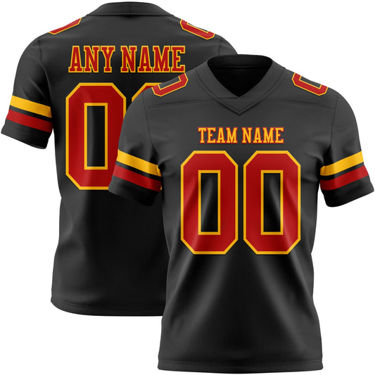 Custom Black Red-Gold Mesh Authentic Football Jersey - Sky-Custom