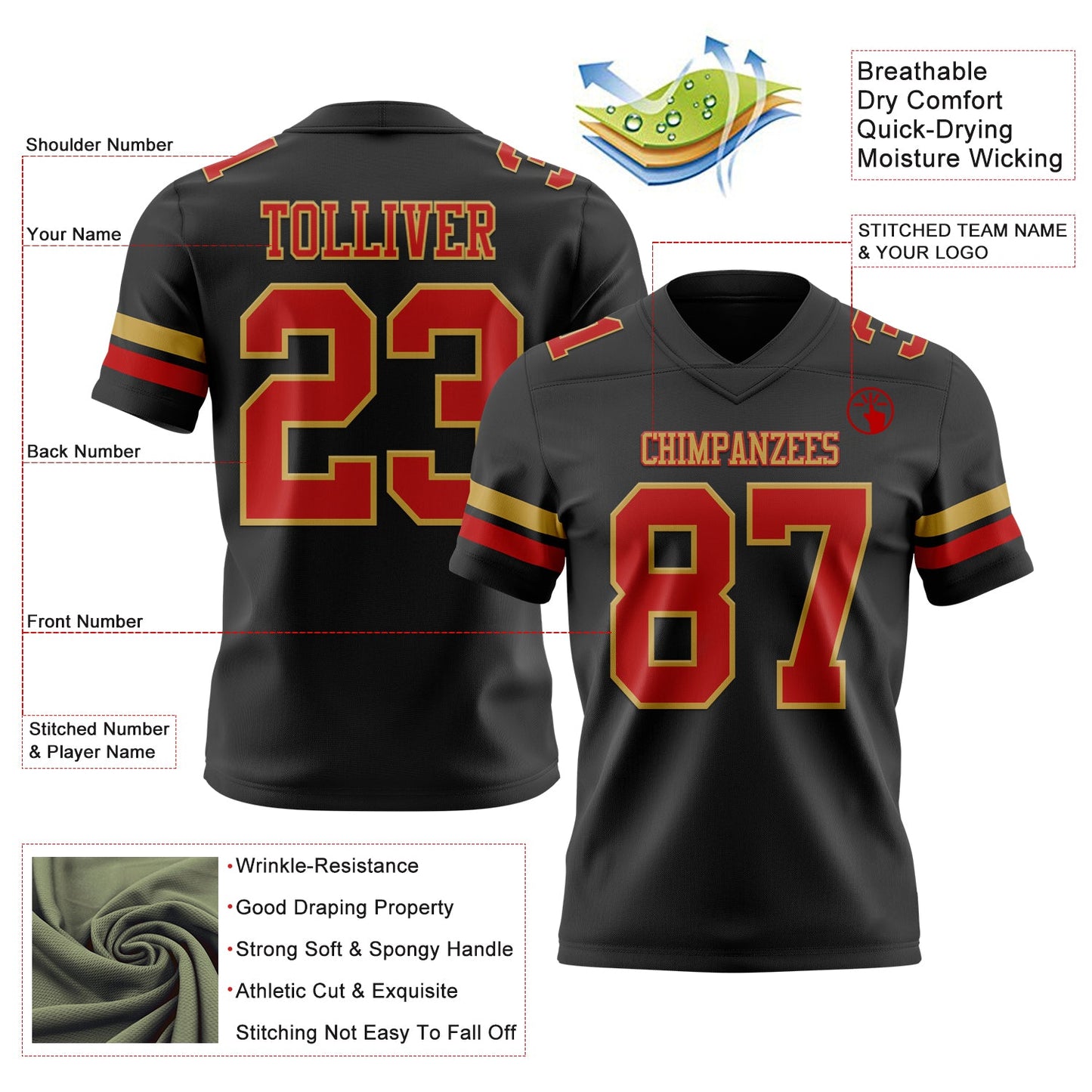 Custom Black Red-Old Gold Mesh Authentic Football Jersey - Sky-Custom