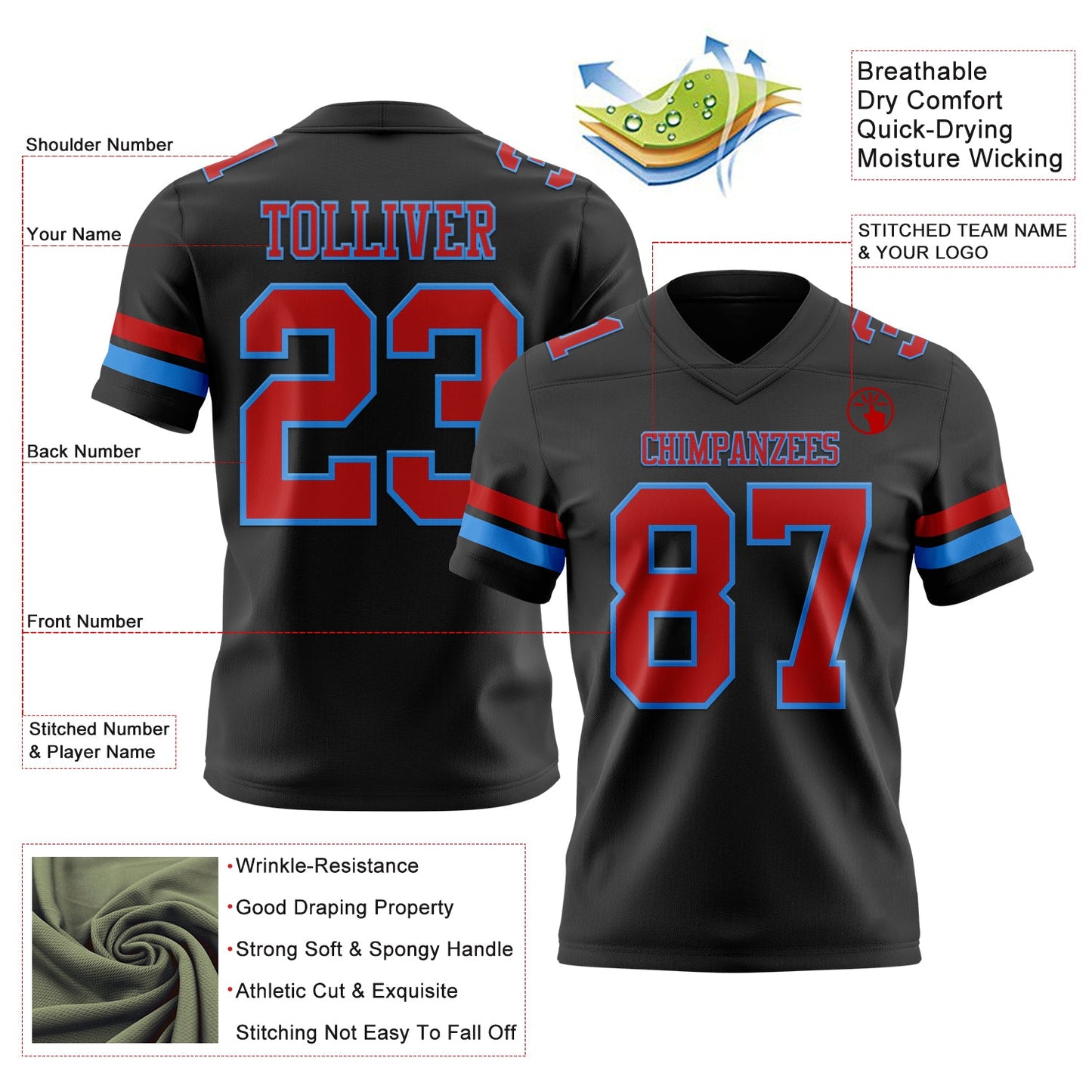 Custom Black Red-Powder Blue Mesh Authentic Football Jersey - Sky-Custom