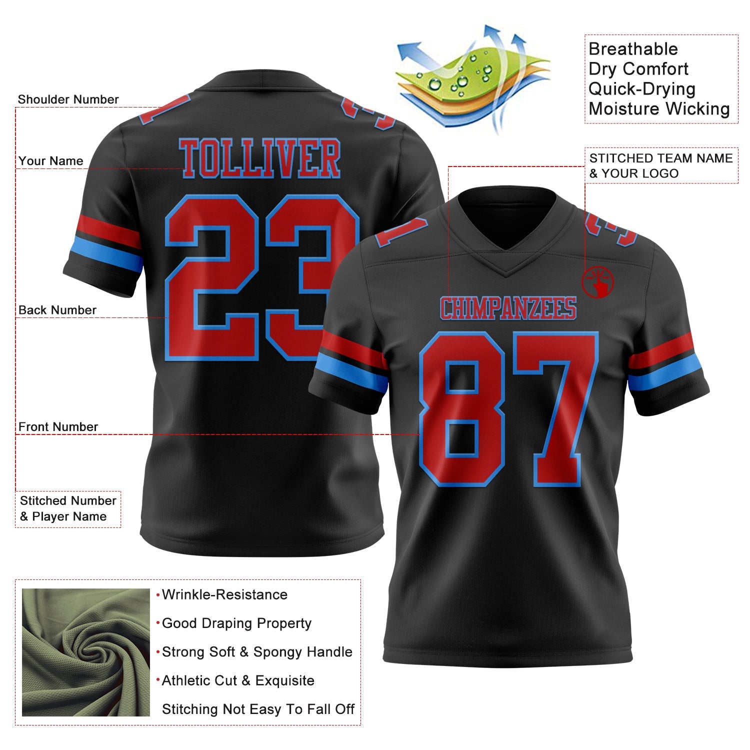 Custom Black Red-Powder Blue Mesh Authentic Football Jersey - Sky-Custom