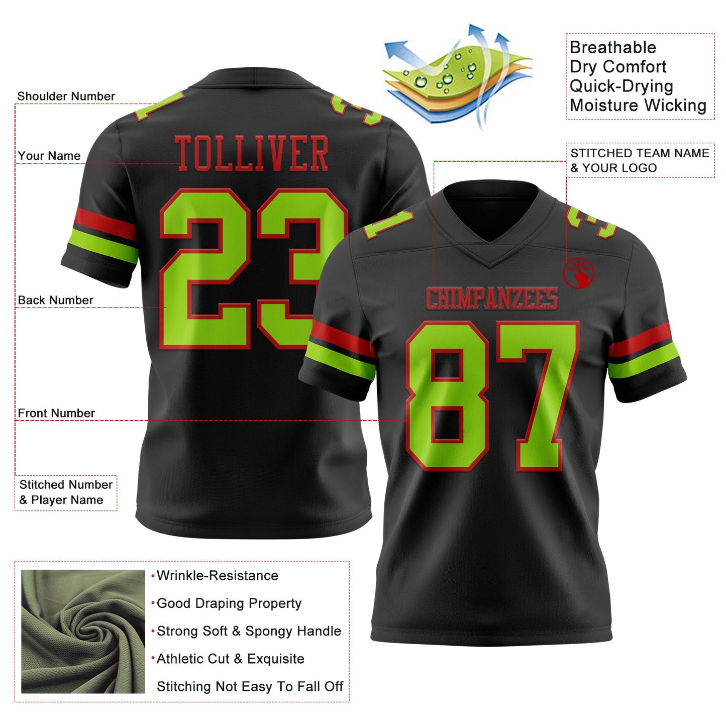 Custom Black Neon Green-Red Mesh Authentic Football Jersey - Sky-Custom