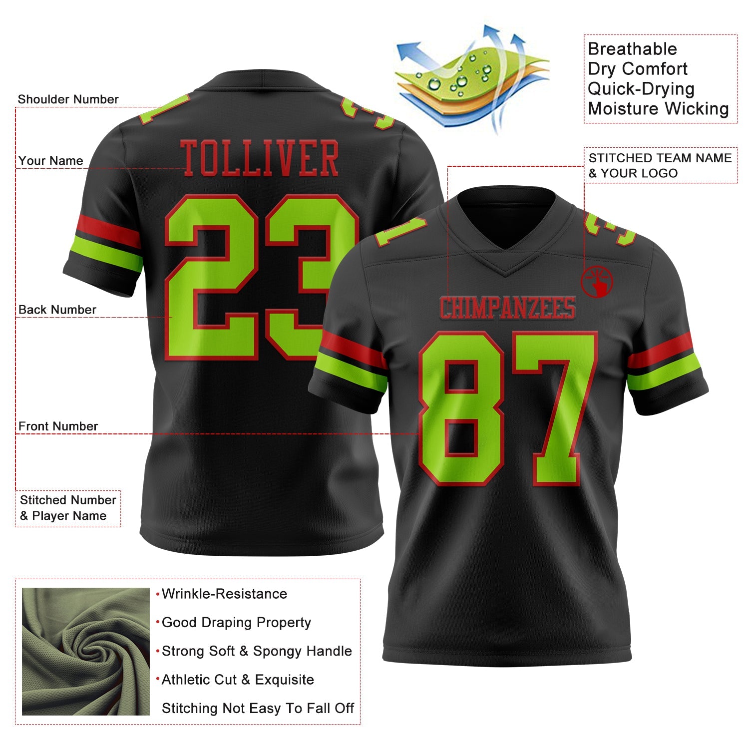 Custom Black Neon Green-Red Mesh Authentic Football Jersey - Sky-Custom