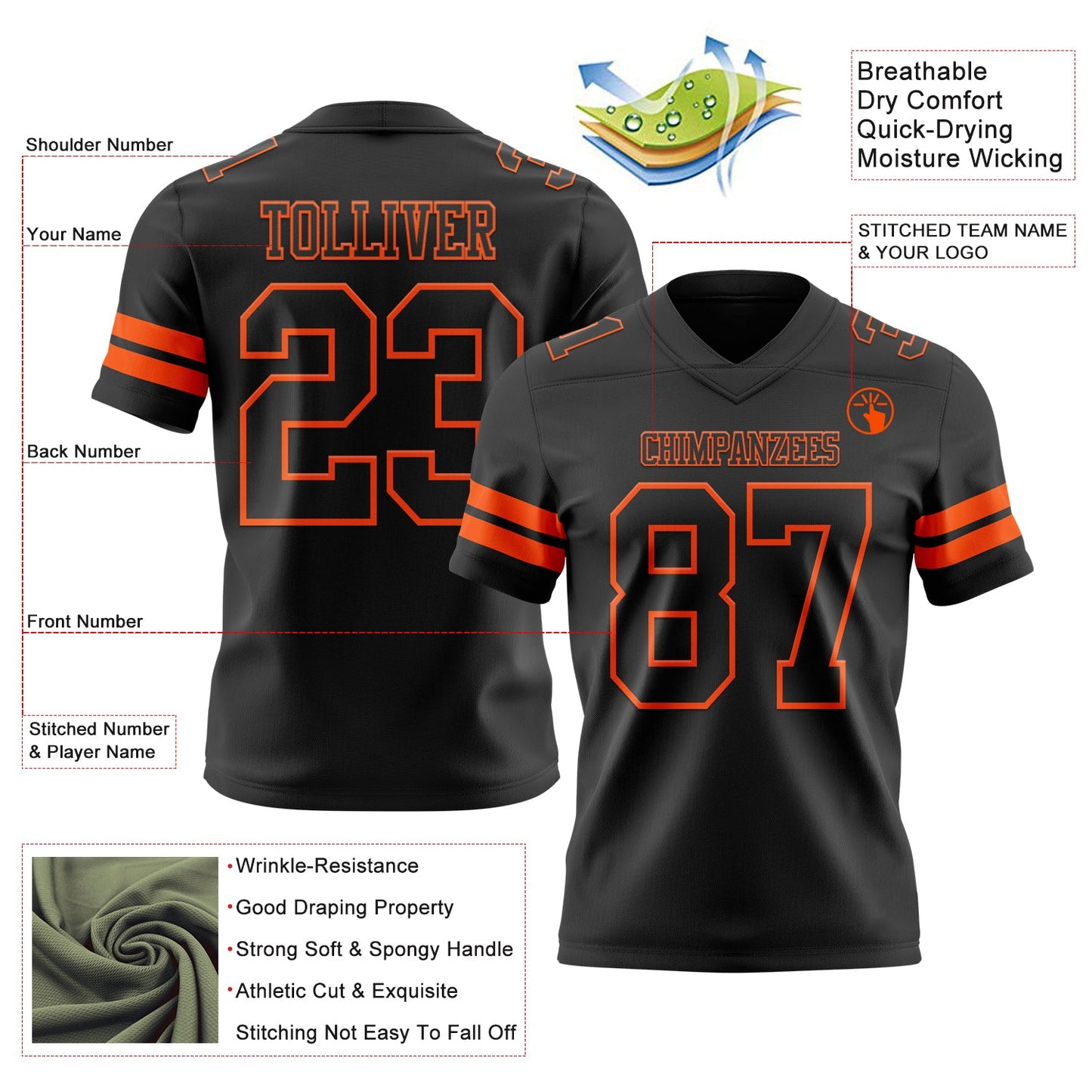 Custom Black Orange Mesh Authentic Football Jersey - Sky-Custom