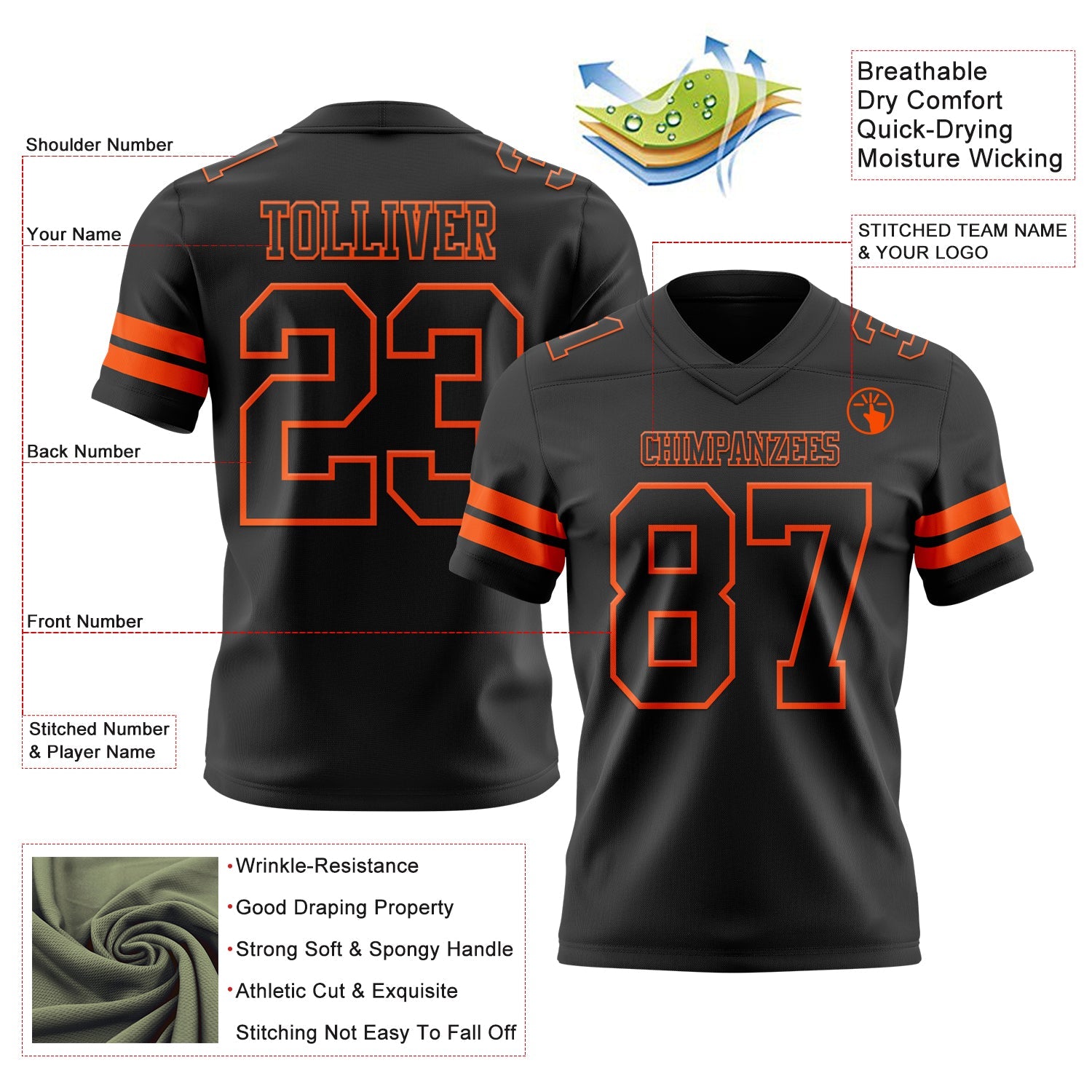 Custom Black Orange Mesh Authentic Football Jersey - Sky-Custom