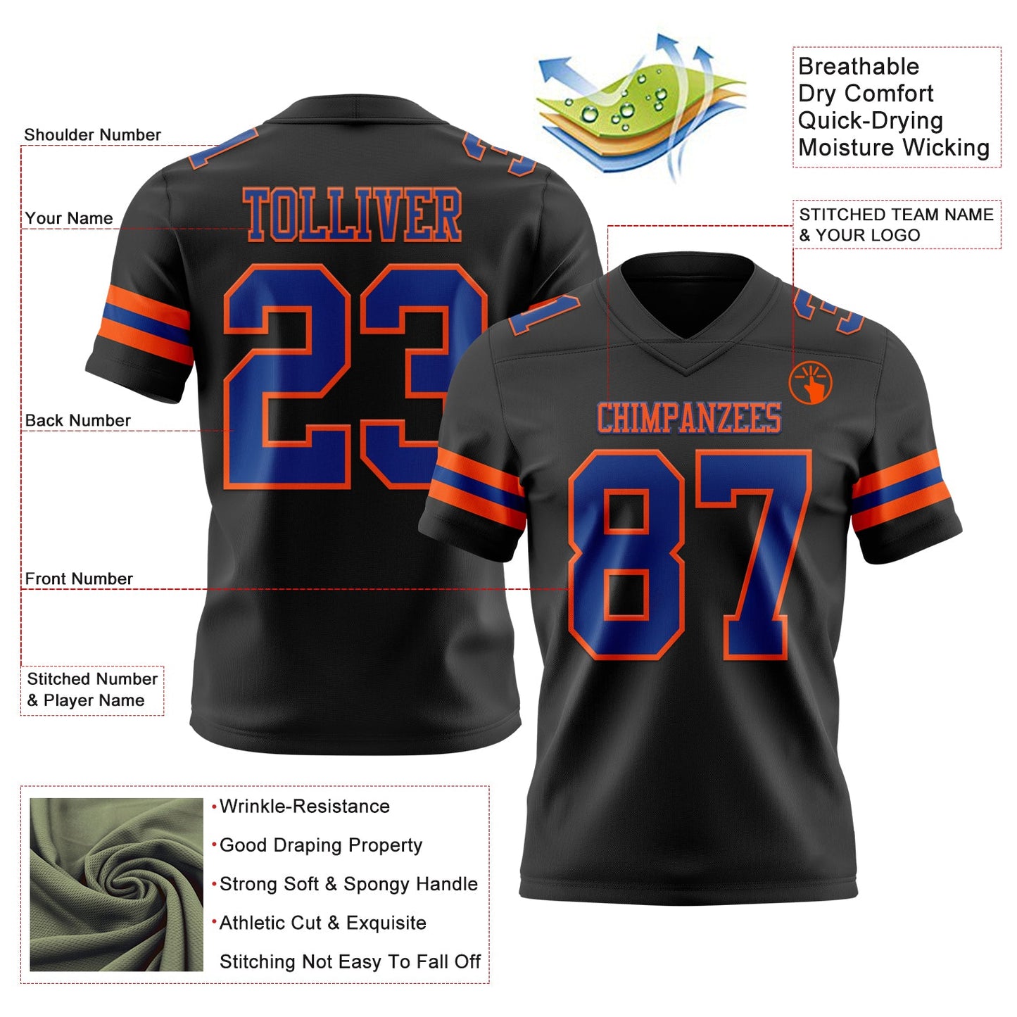 Custom Black Royal-Orange Mesh Authentic Football Jersey - Sky-Custom