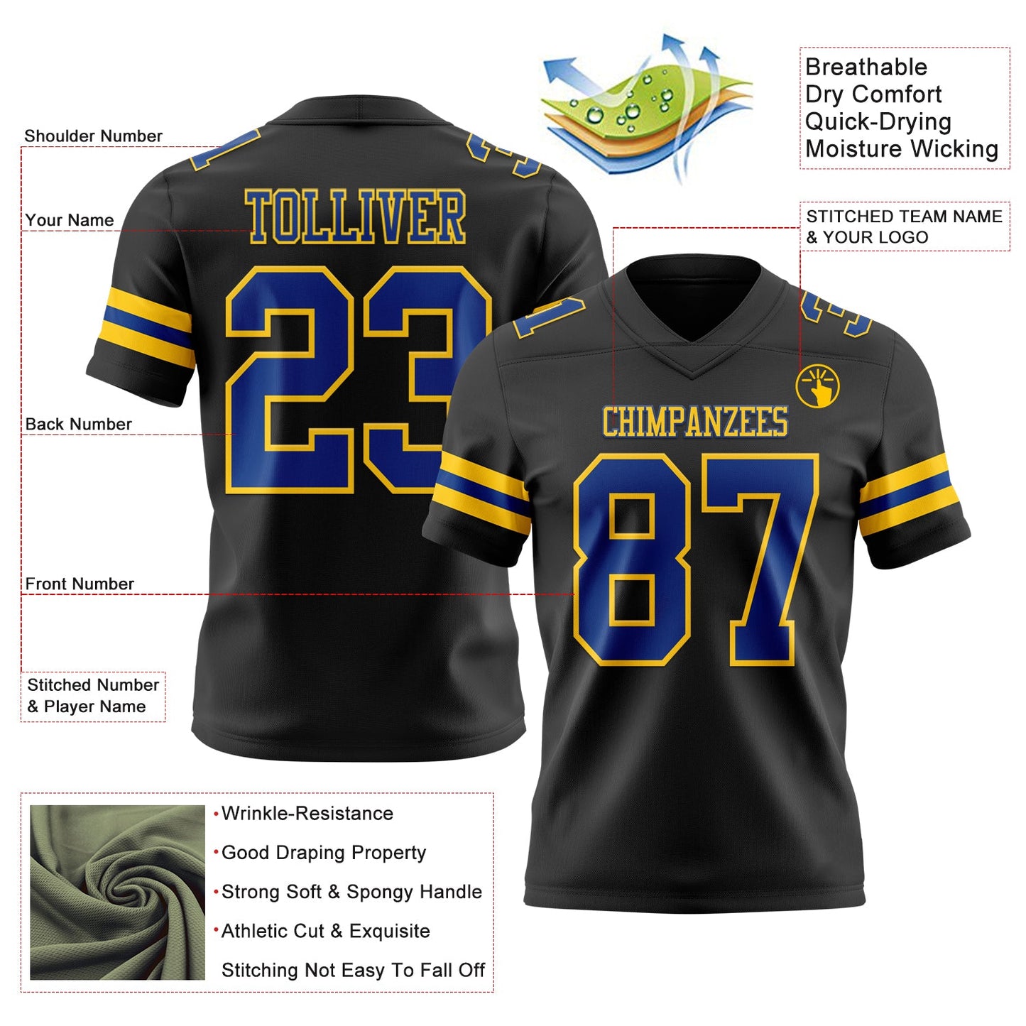 Custom Black Royal-Yellow Mesh Authentic Football Jersey - Sky-Custom