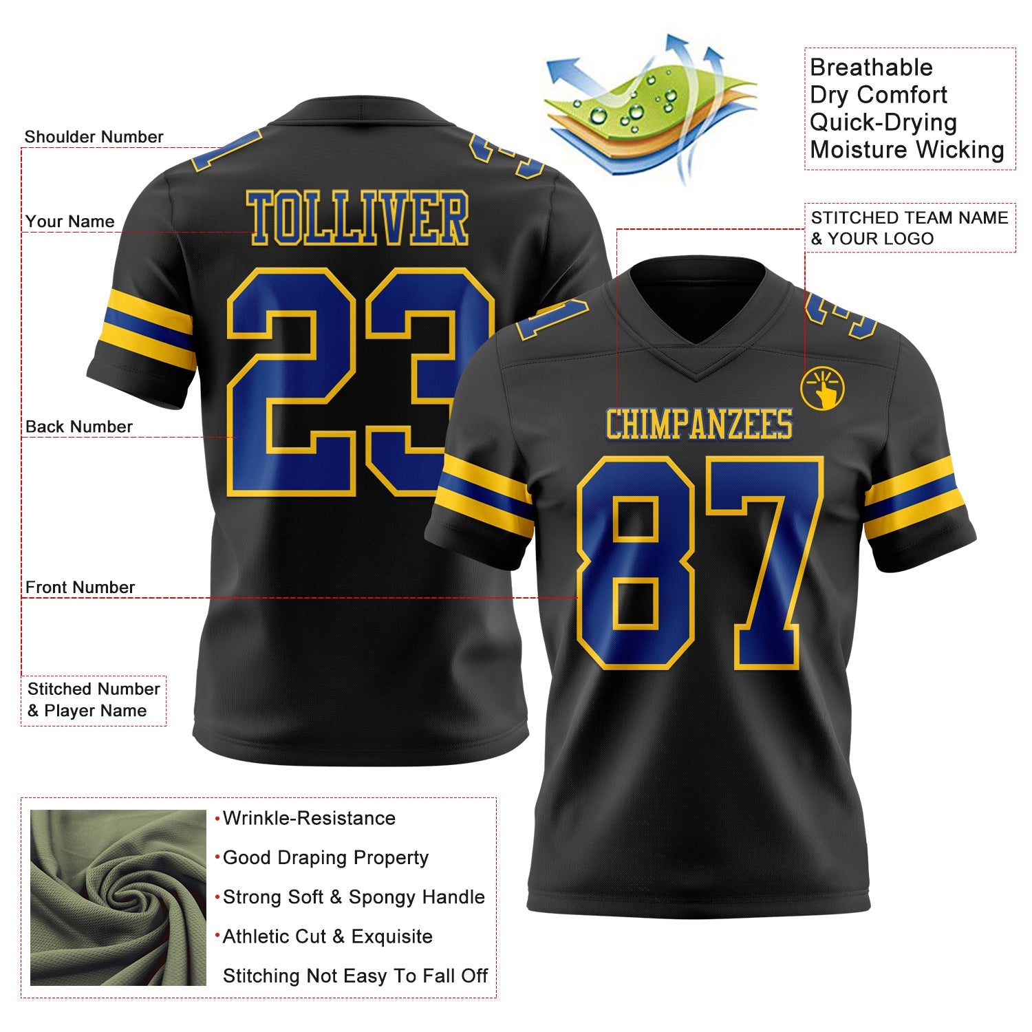 Custom Black Royal-Yellow Mesh Authentic Football Jersey - Sky-Custom