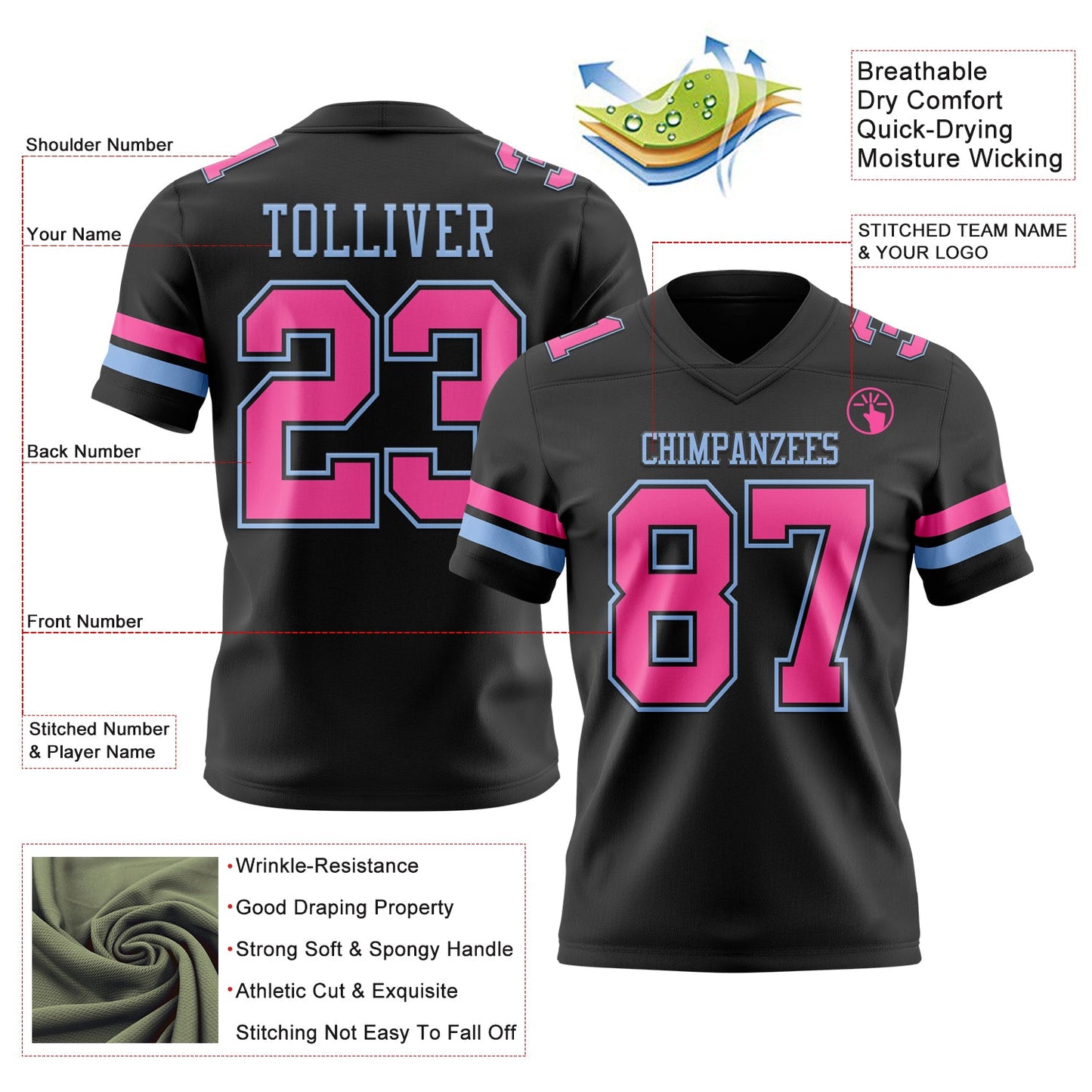 Custom Black Pink-Light Blue Mesh Authentic Football Jersey - Sky-Custom