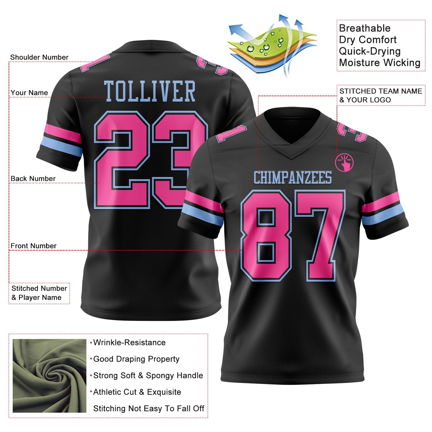 Custom Black Pink-Light Blue Mesh Authentic Football Jersey - Sky-Custom