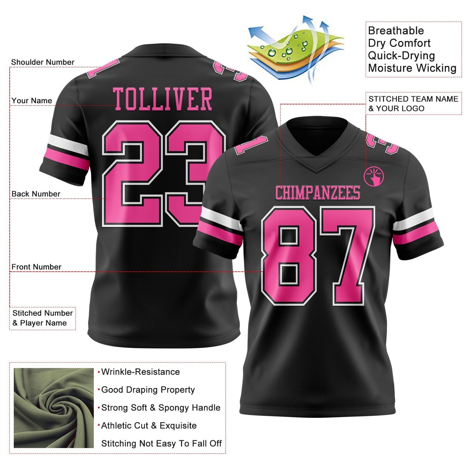 Custom Black Pink-White Mesh Authentic Football Jersey - Sky-Custom
