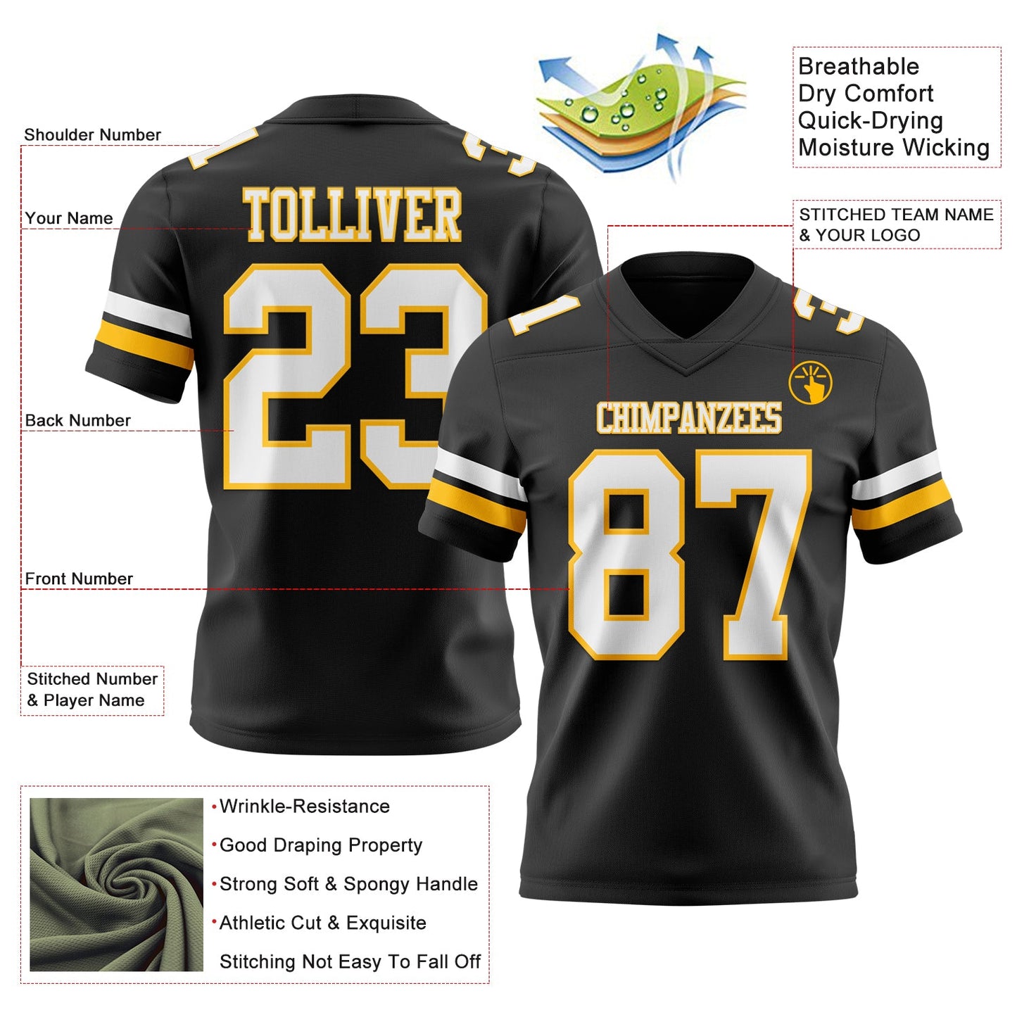 Custom Black White-Gold Mesh Authentic Football Jersey - Sky-Custom