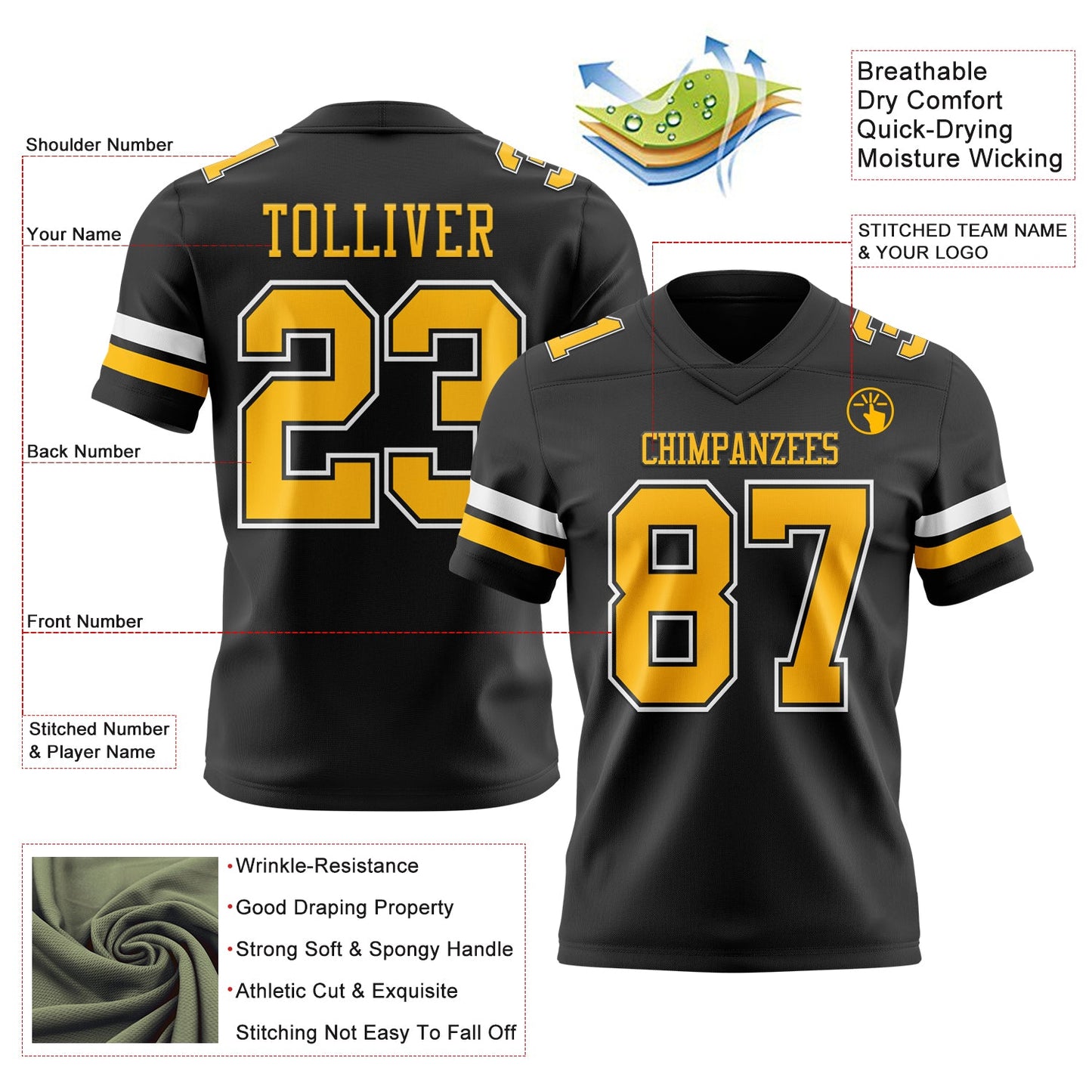 Custom Black Gold-White Mesh Authentic Football Jersey - Sky-Custom