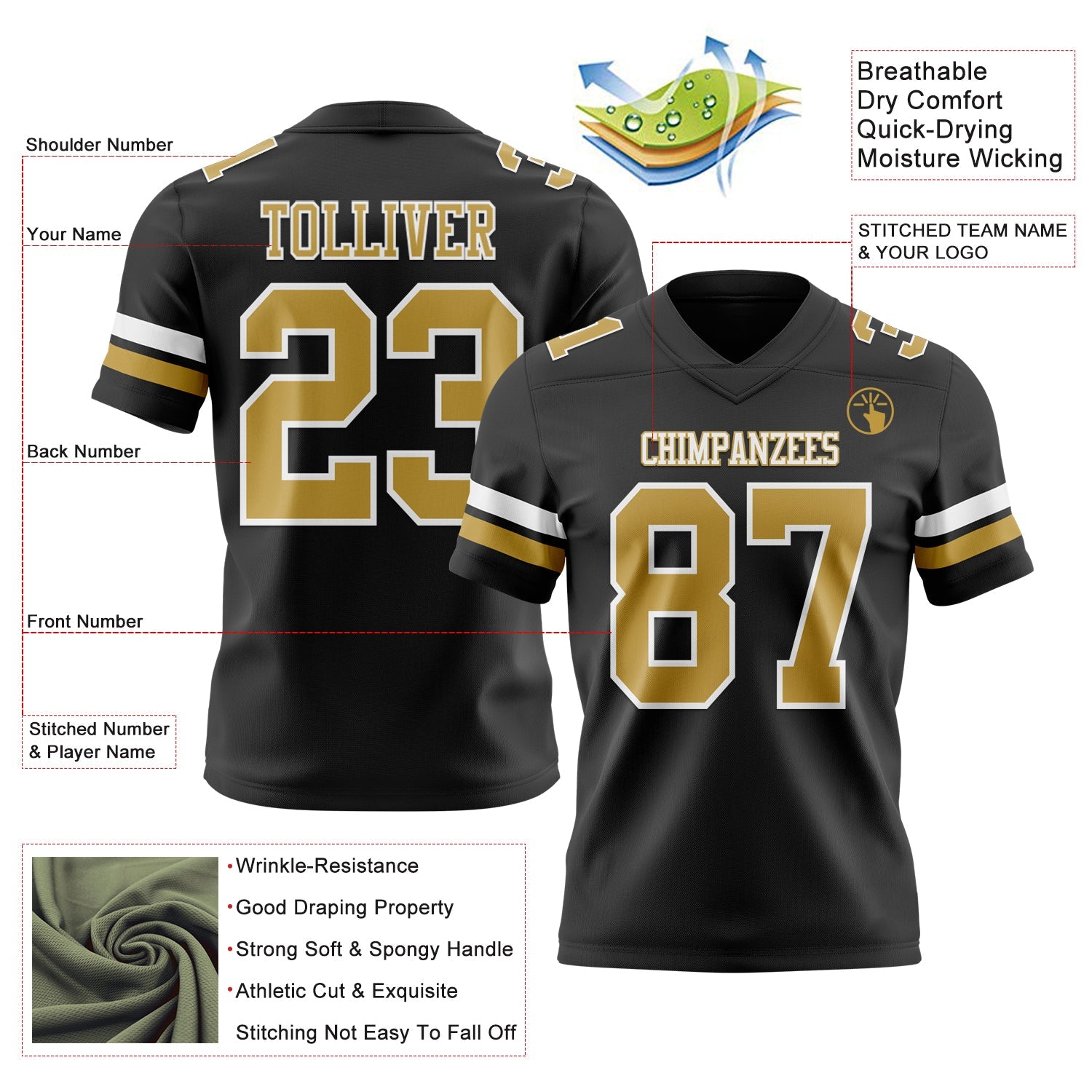 Custom Black Old Gold-White Mesh Authentic Football Jersey - Sky-Custom