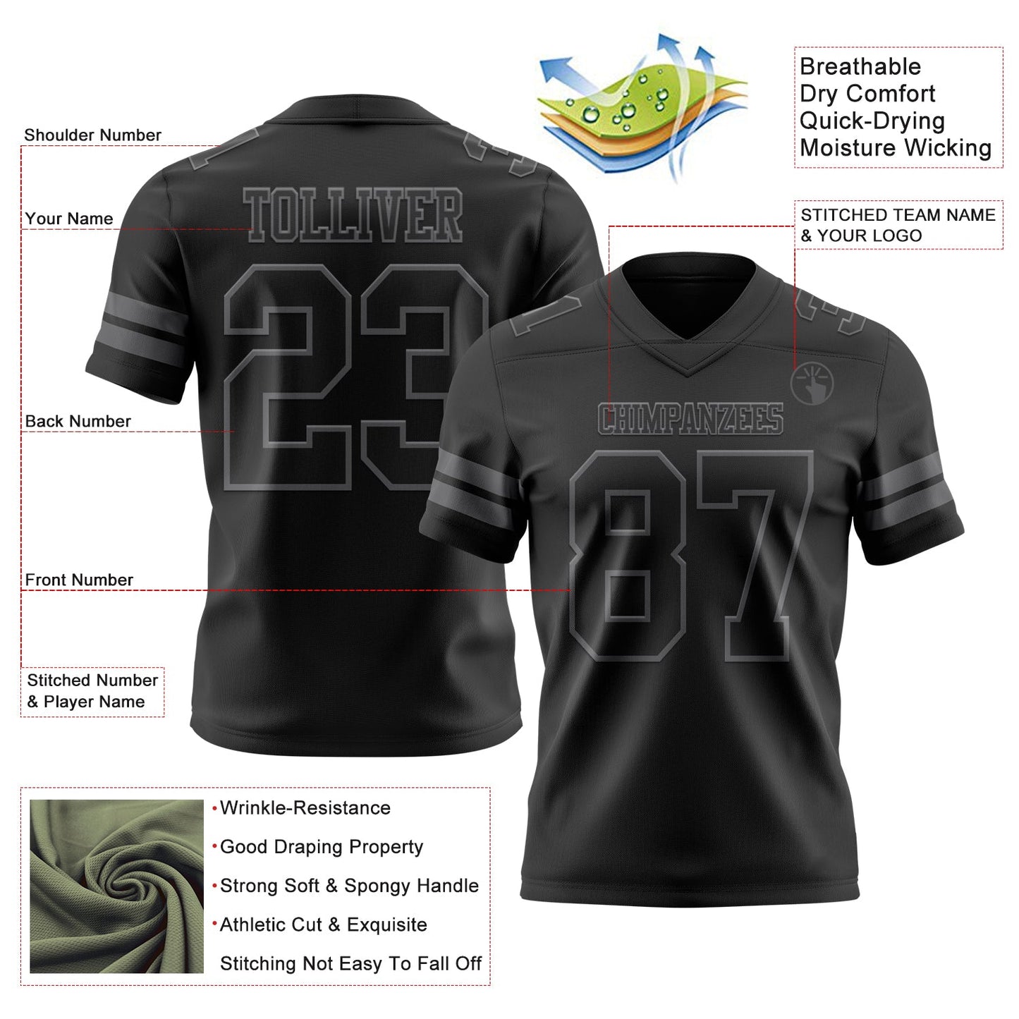 Custom Black Steel Gray Mesh Authentic Football Jersey - Sky-Custom