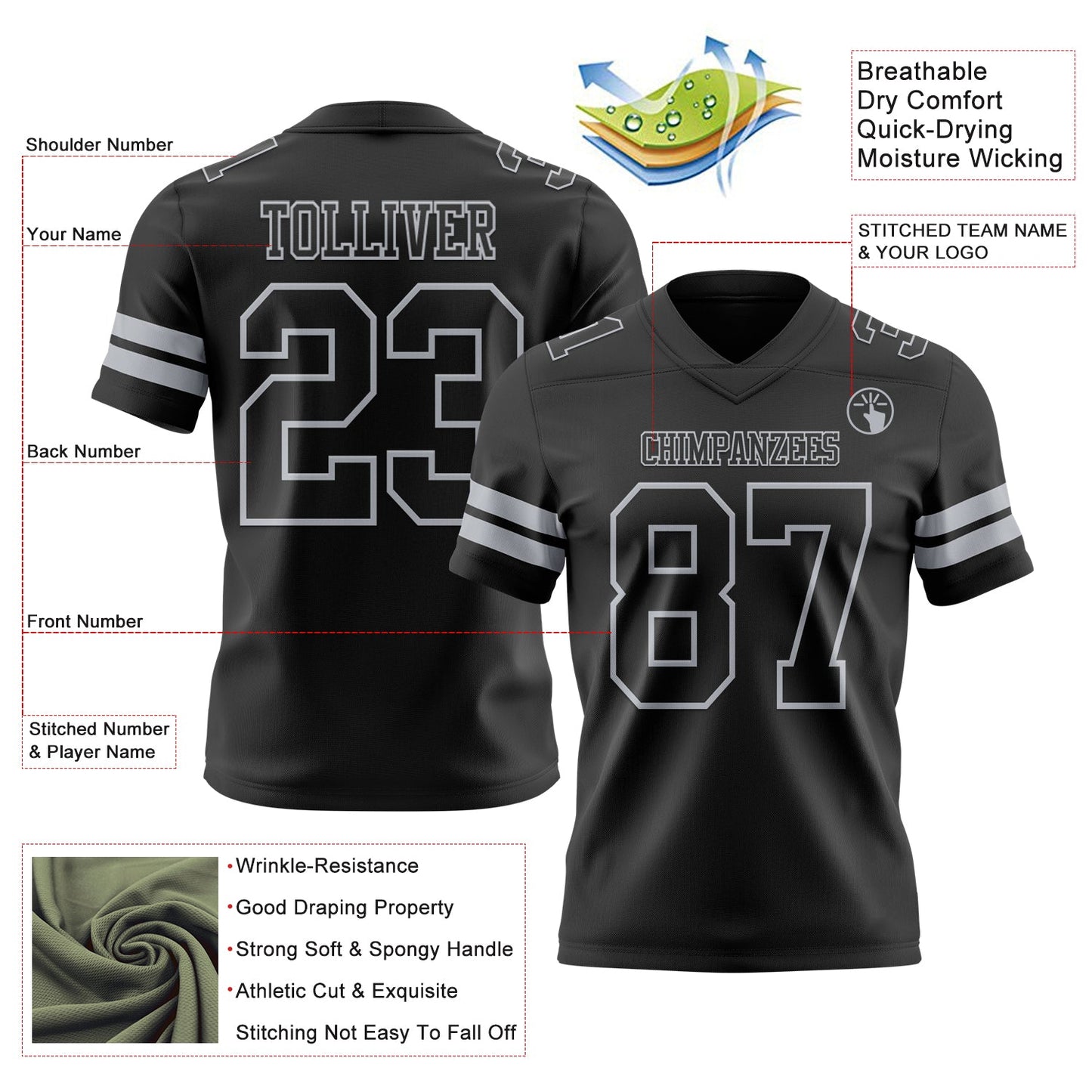 Custom Black Gray Mesh Authentic Football Jersey - Sky-Custom