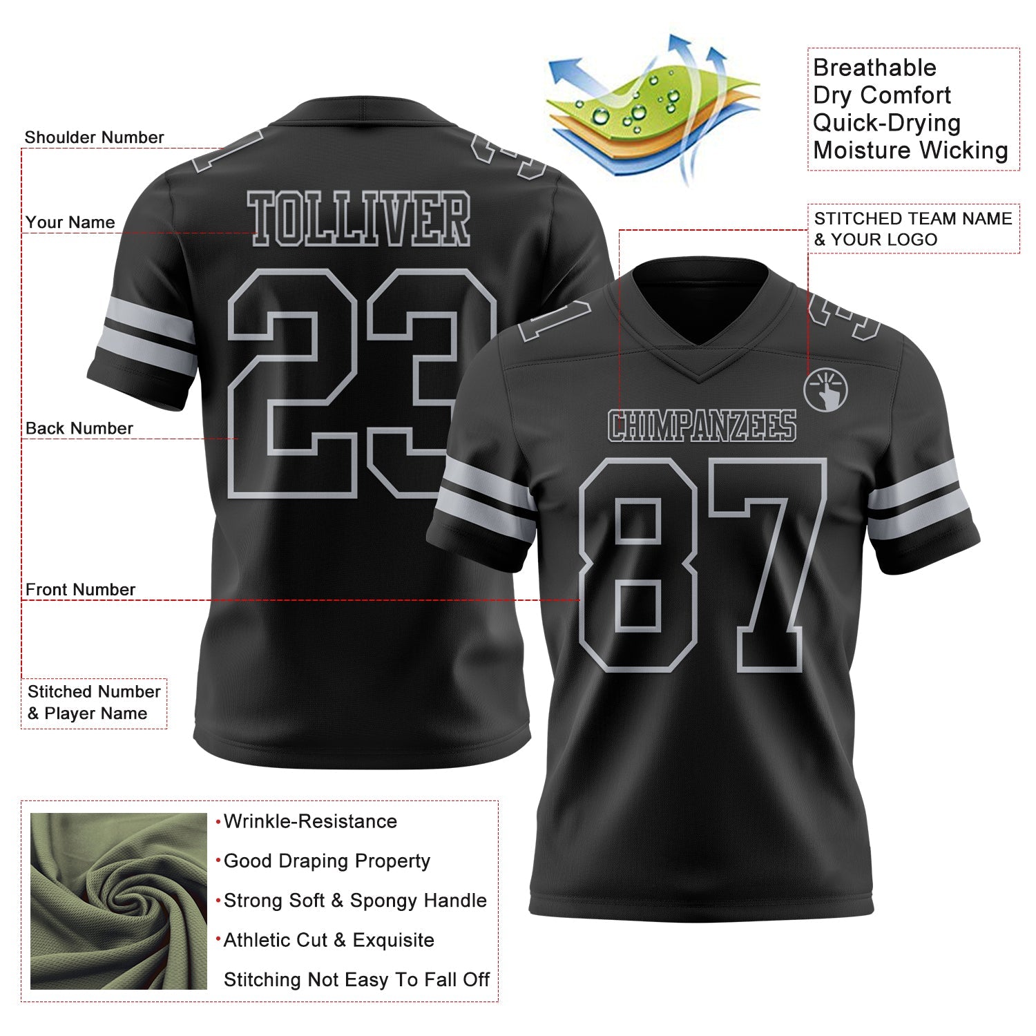 Custom Black Gray Mesh Authentic Football Jersey - Sky-Custom