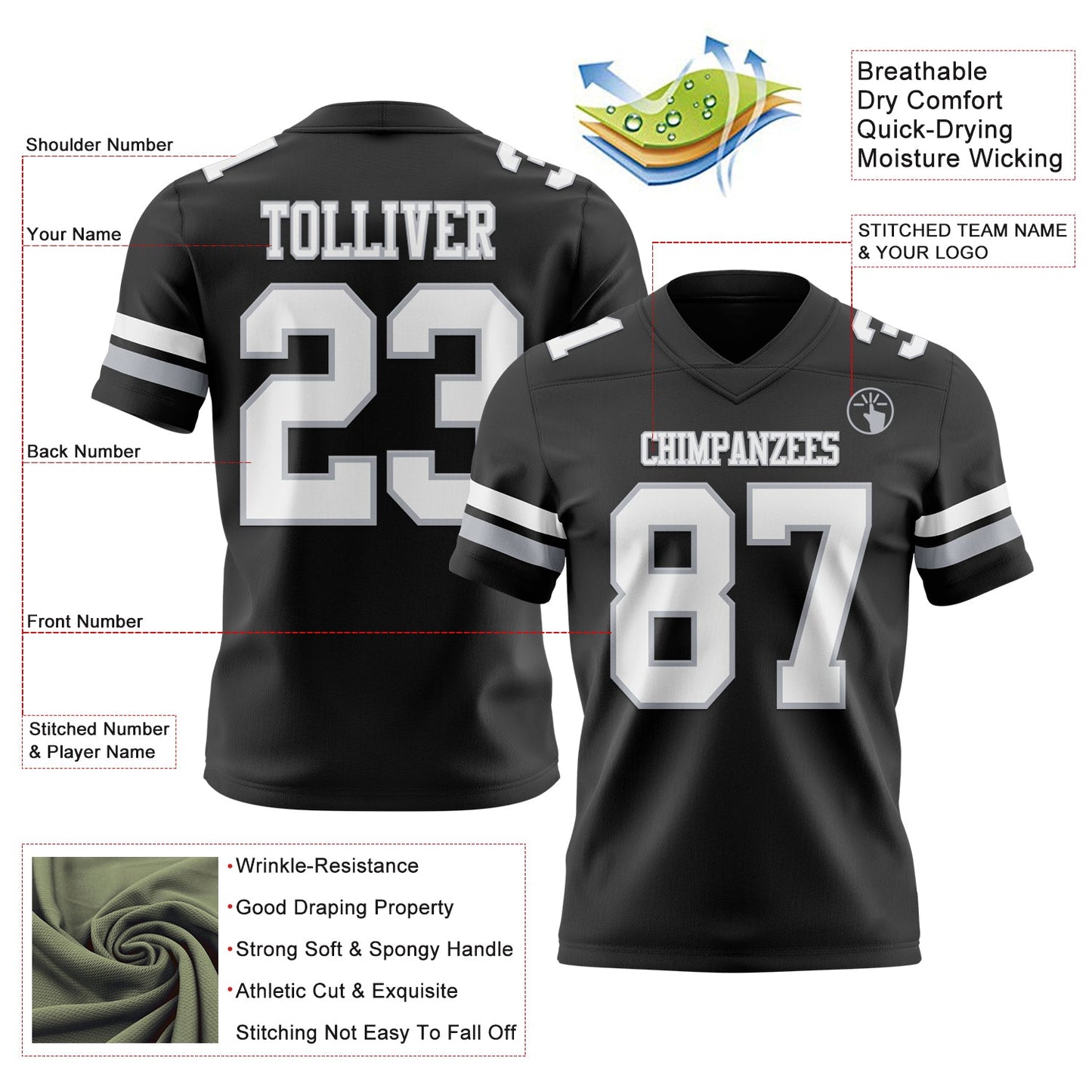 Custom Black White-Gray Mesh Authentic Football Jersey - Sky-Custom
