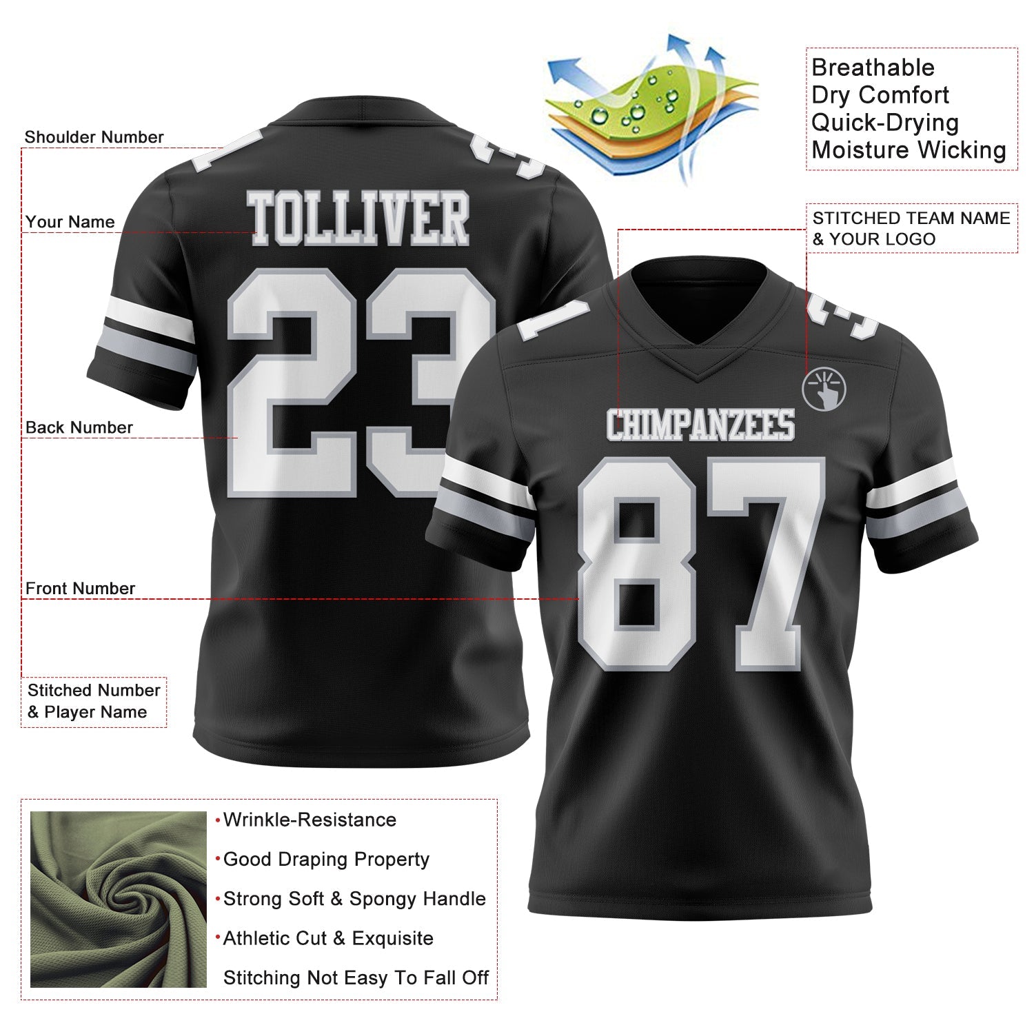 Custom Black White-Gray Mesh Authentic Football Jersey - Sky-Custom