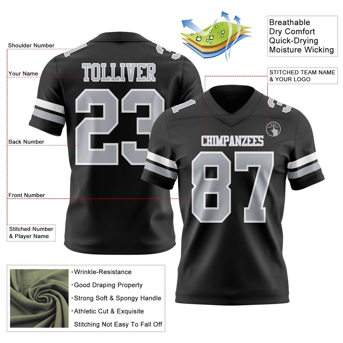 Custom Black Gray-White Mesh Authentic Football Jersey - Sky-Custom