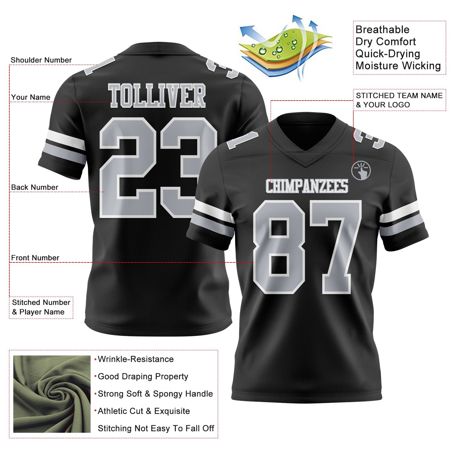 Custom Black Gray-White Mesh Authentic Football Jersey - Sky-Custom