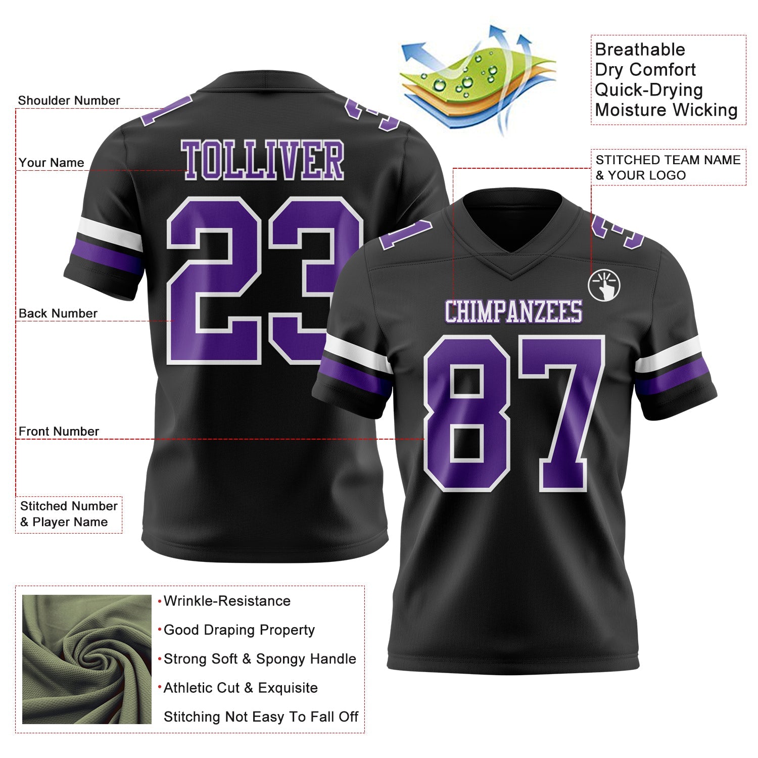 Custom Black Purple-White Mesh Authentic Football Jersey - Sky-Custom