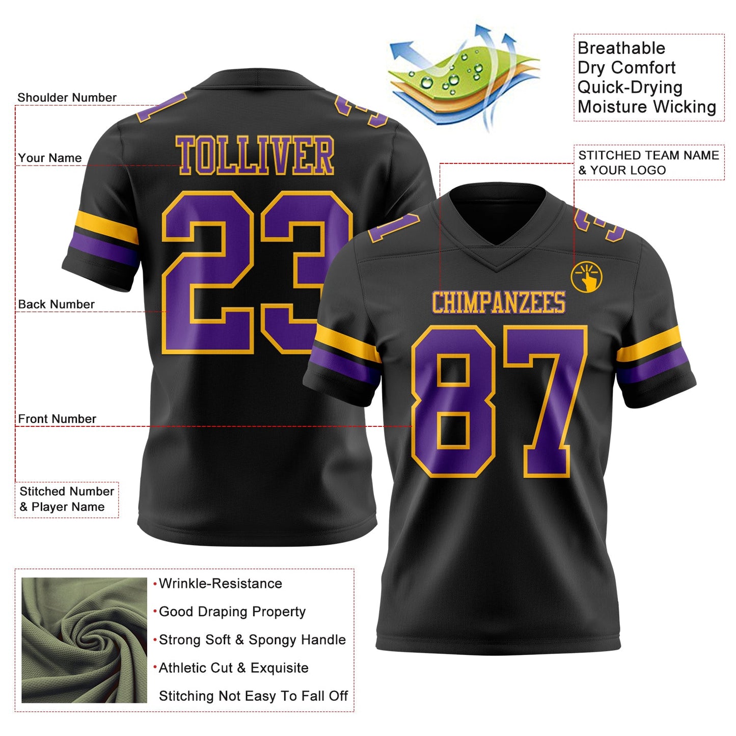 Custom Black Purple-Gold Mesh Authentic Football Jersey - Sky-Custom