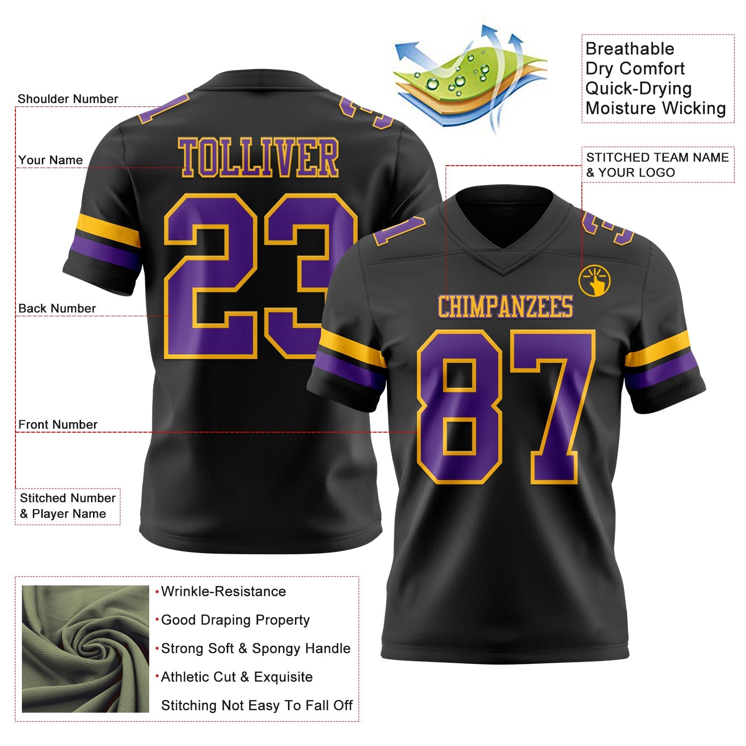 Custom Black Purple-Gold Mesh Authentic Football Jersey - Sky-Custom