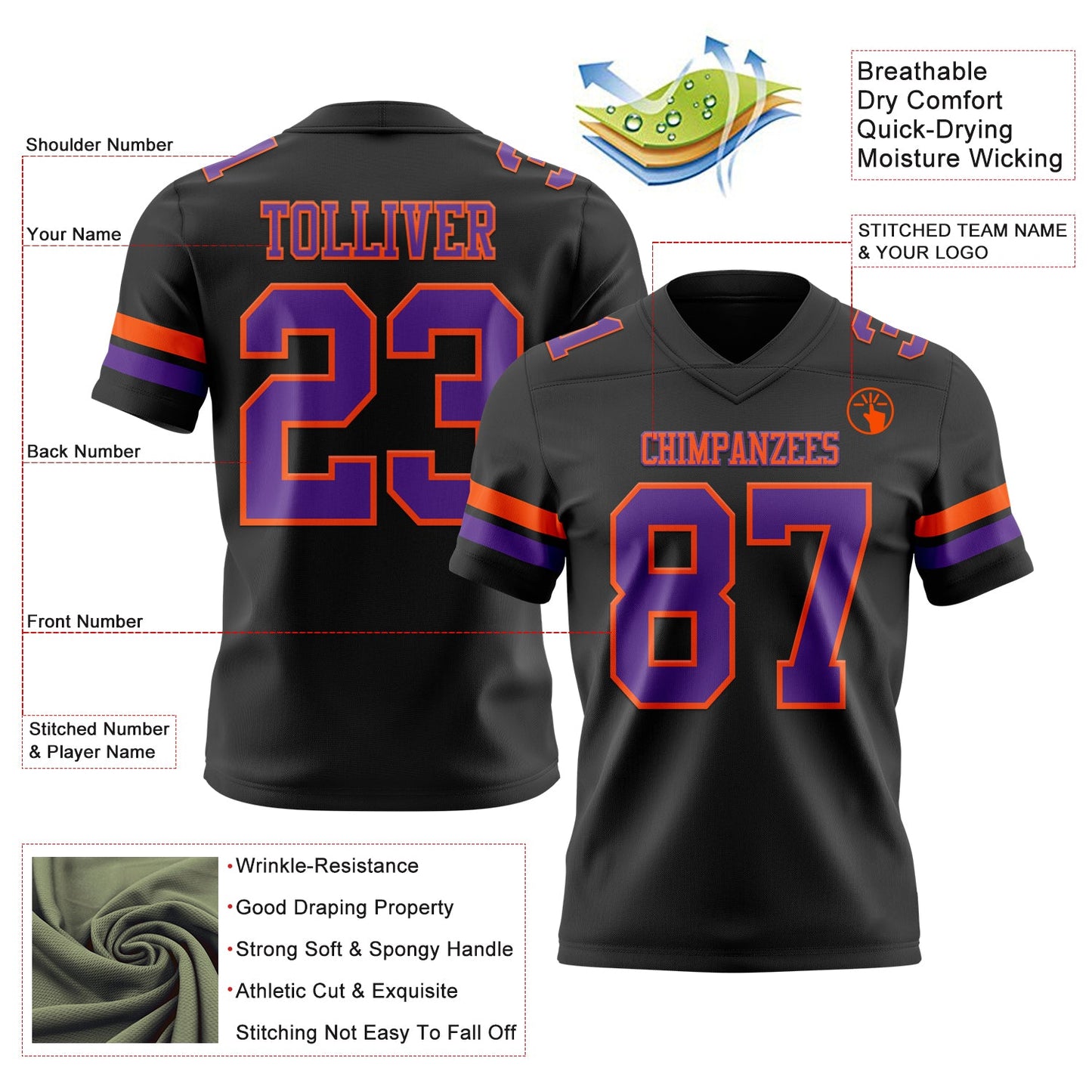 Custom Black Purple-Orange Mesh Authentic Football Jersey - Sky-Custom