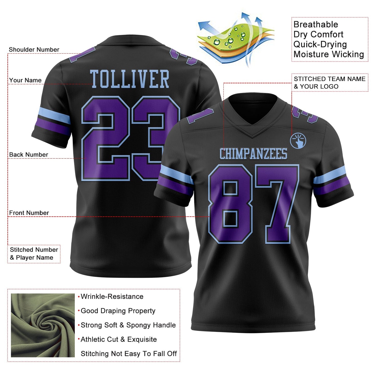 Custom Black Purple-Light Blue Mesh Authentic Football Jersey - Sky-Custom