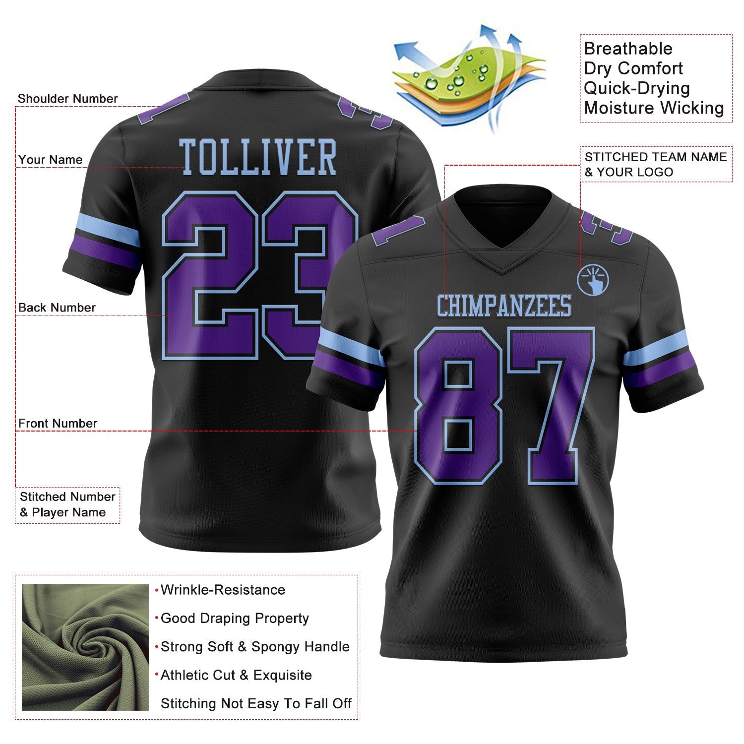 Custom Black Purple-Light Blue Mesh Authentic Football Jersey - Sky-Custom