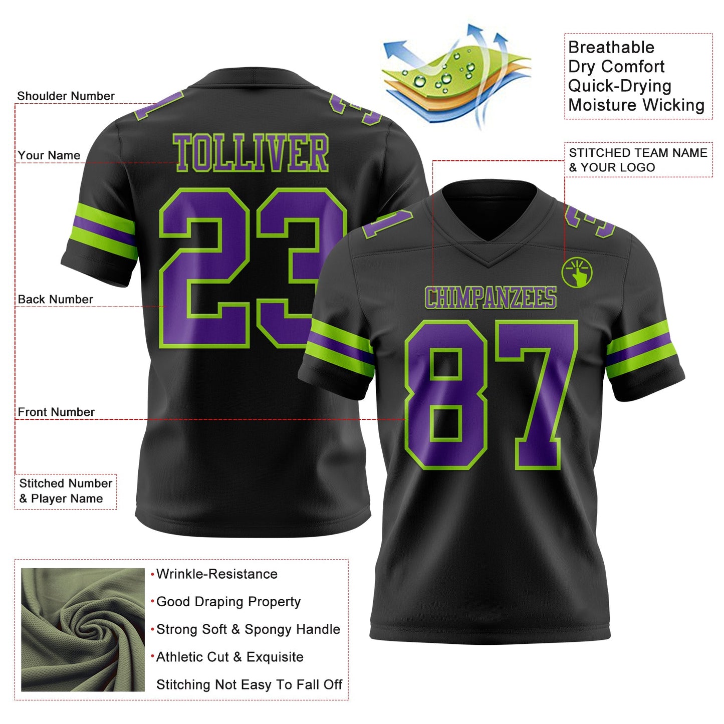 Custom Black Purple-Neon Green Mesh Authentic Football Jersey - Sky-Custom
