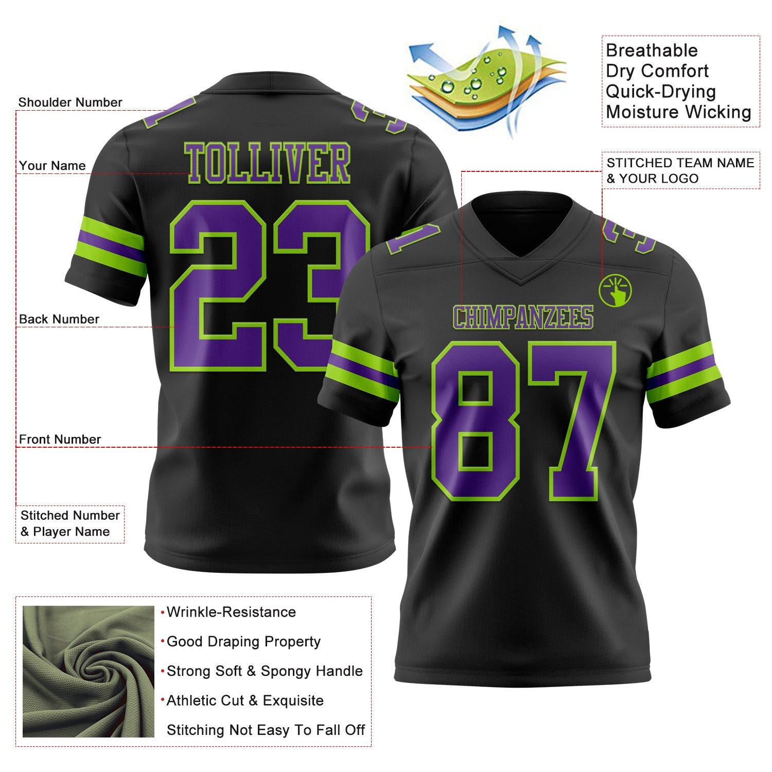 Custom Black Purple-Neon Green Mesh Authentic Football Jersey - Sky-Custom