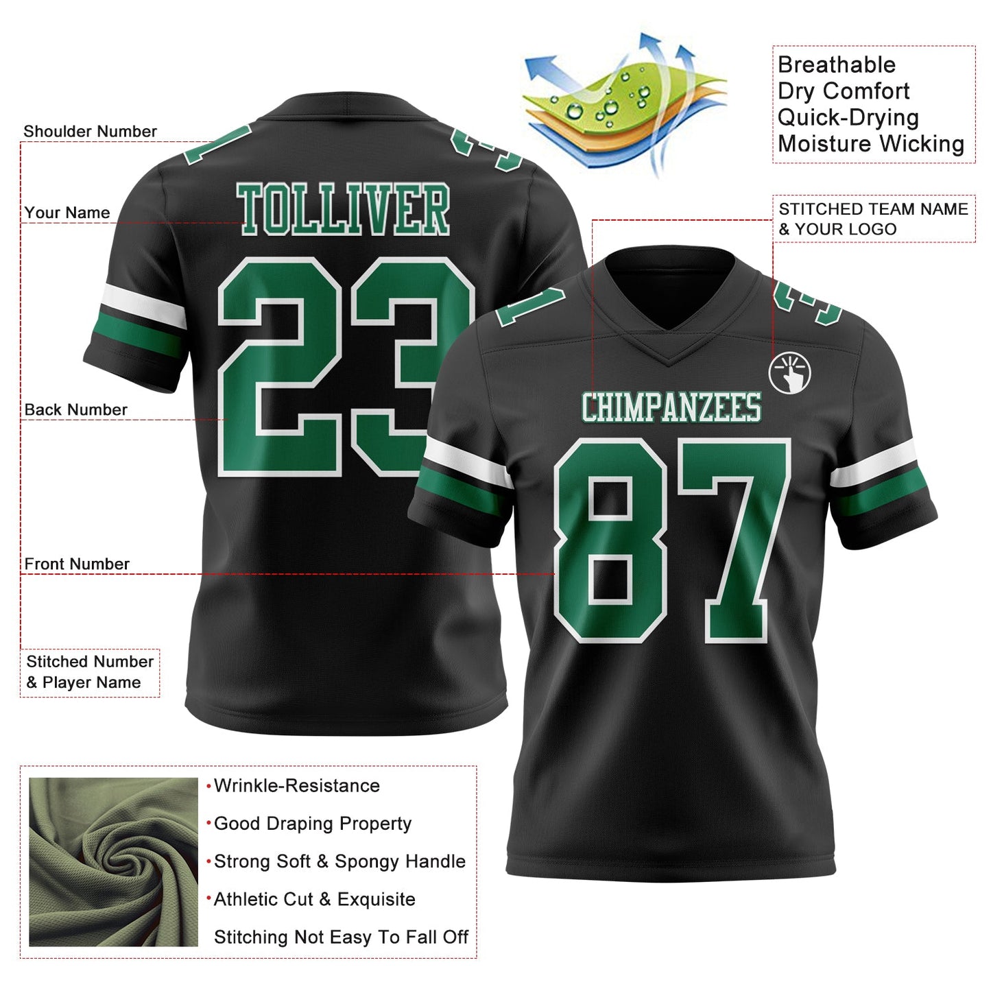 Custom Black Kelly Green-White Mesh Authentic Football Jersey - Sky-Custom