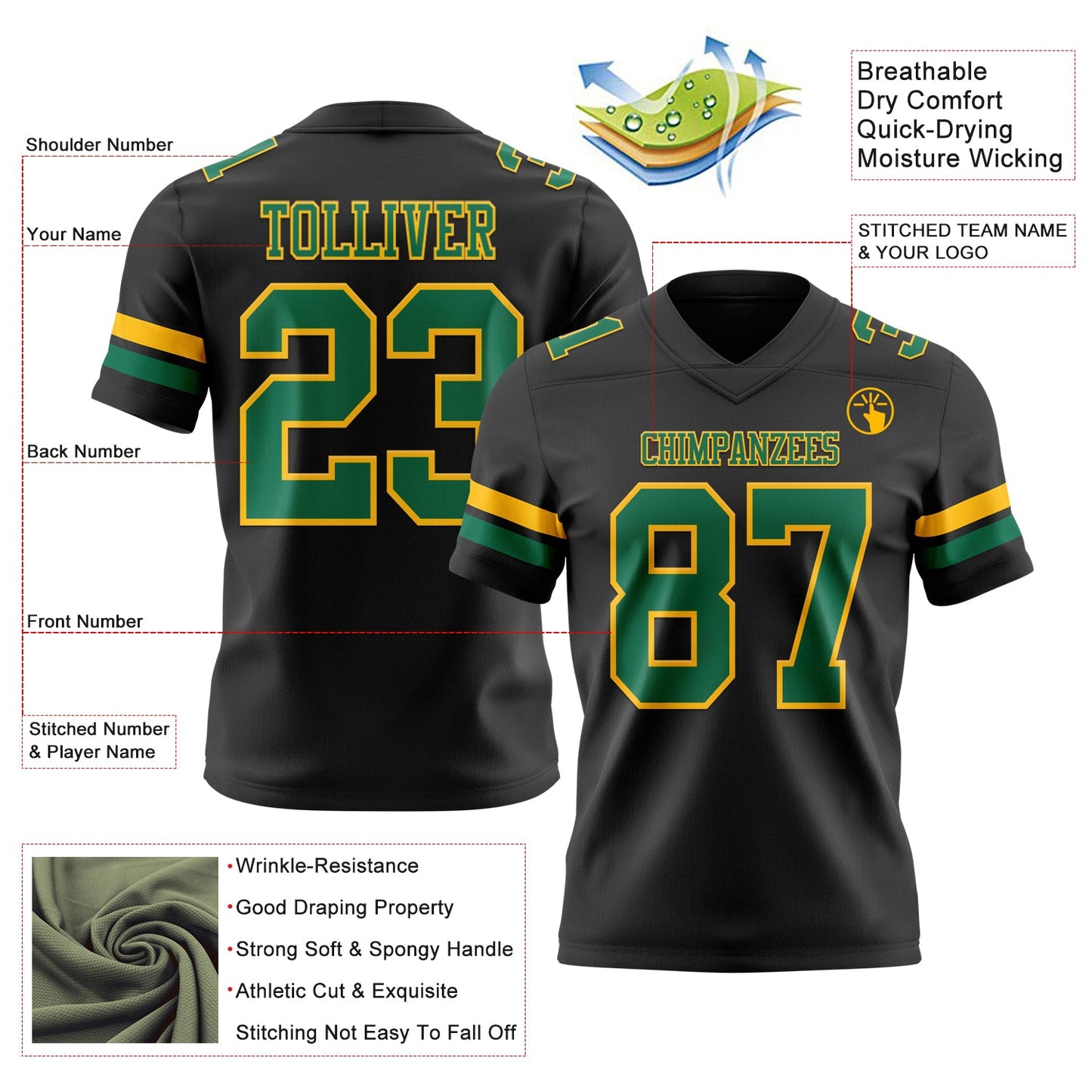 Custom Black Kelly Green-Gold Mesh Authentic Football Jersey - Sky-Custom