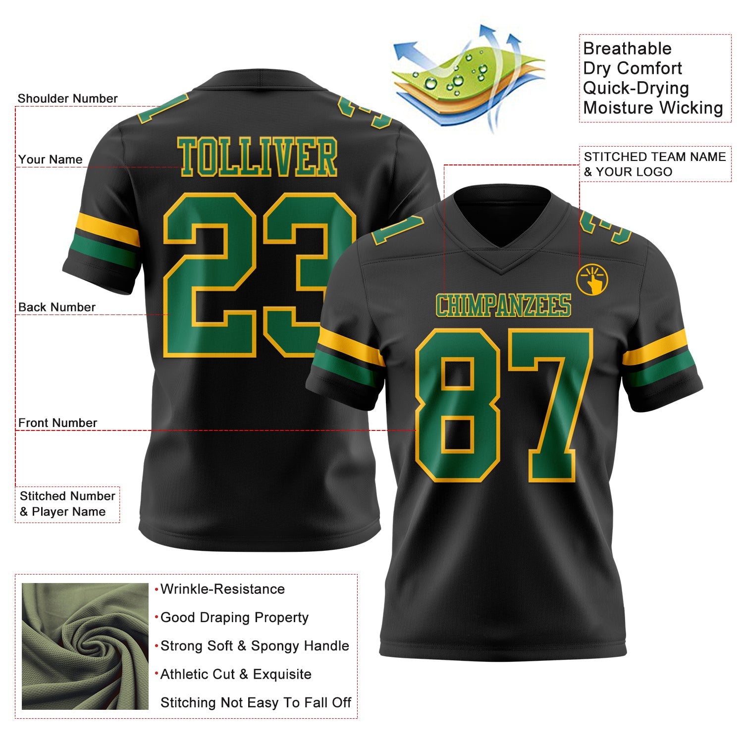 Custom Black Kelly Green-Gold Mesh Authentic Football Jersey - Sky-Custom