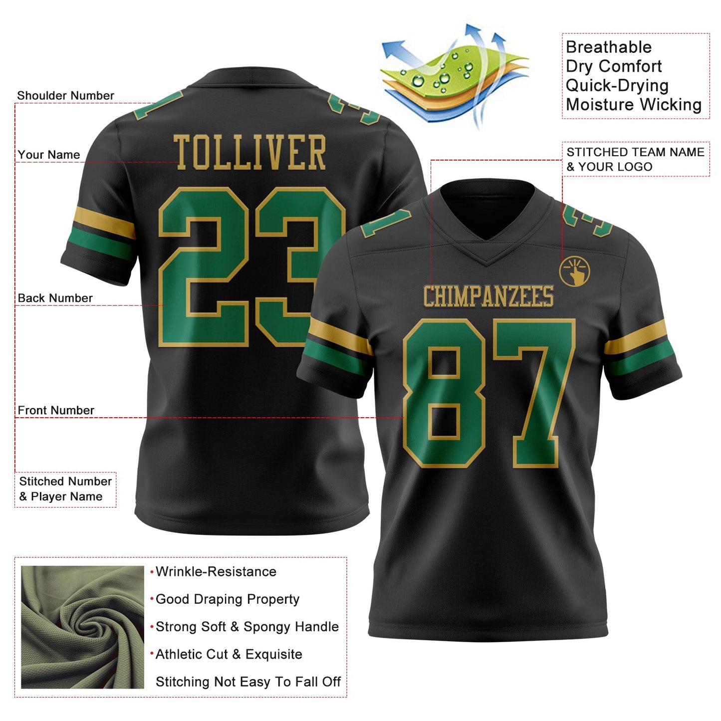 Custom Black Kelly Green-Old Gold Mesh Authentic Football Jersey - Sky-Custom