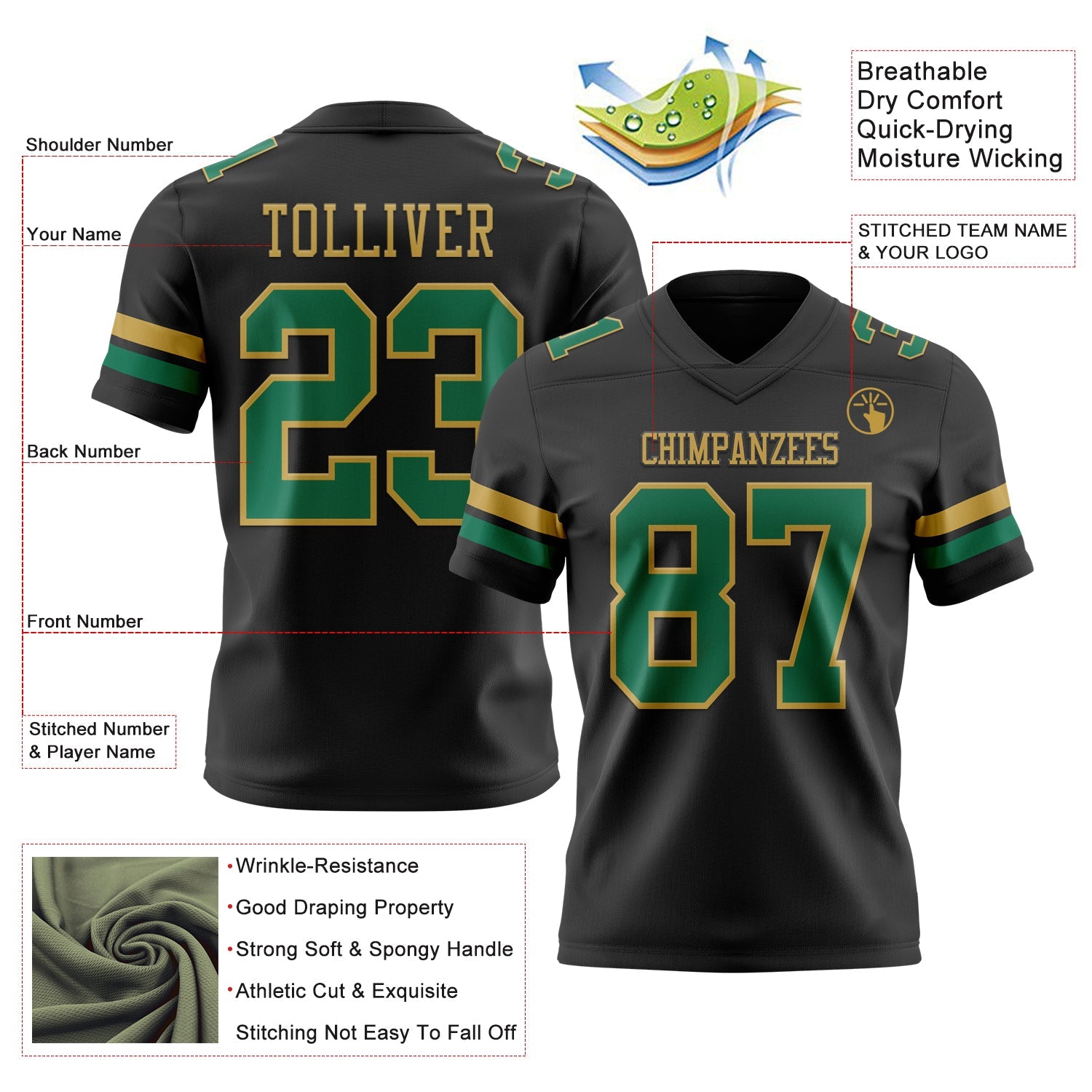 Custom Black Kelly Green-Old Gold Mesh Authentic Football Jersey - Sky-Custom