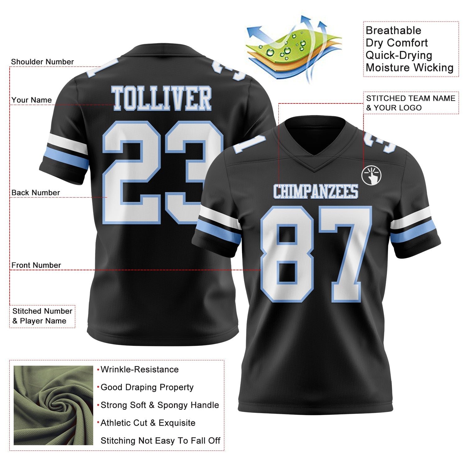 Custom Black White-Light Blue Mesh Authentic Football Jersey - Sky-Custom