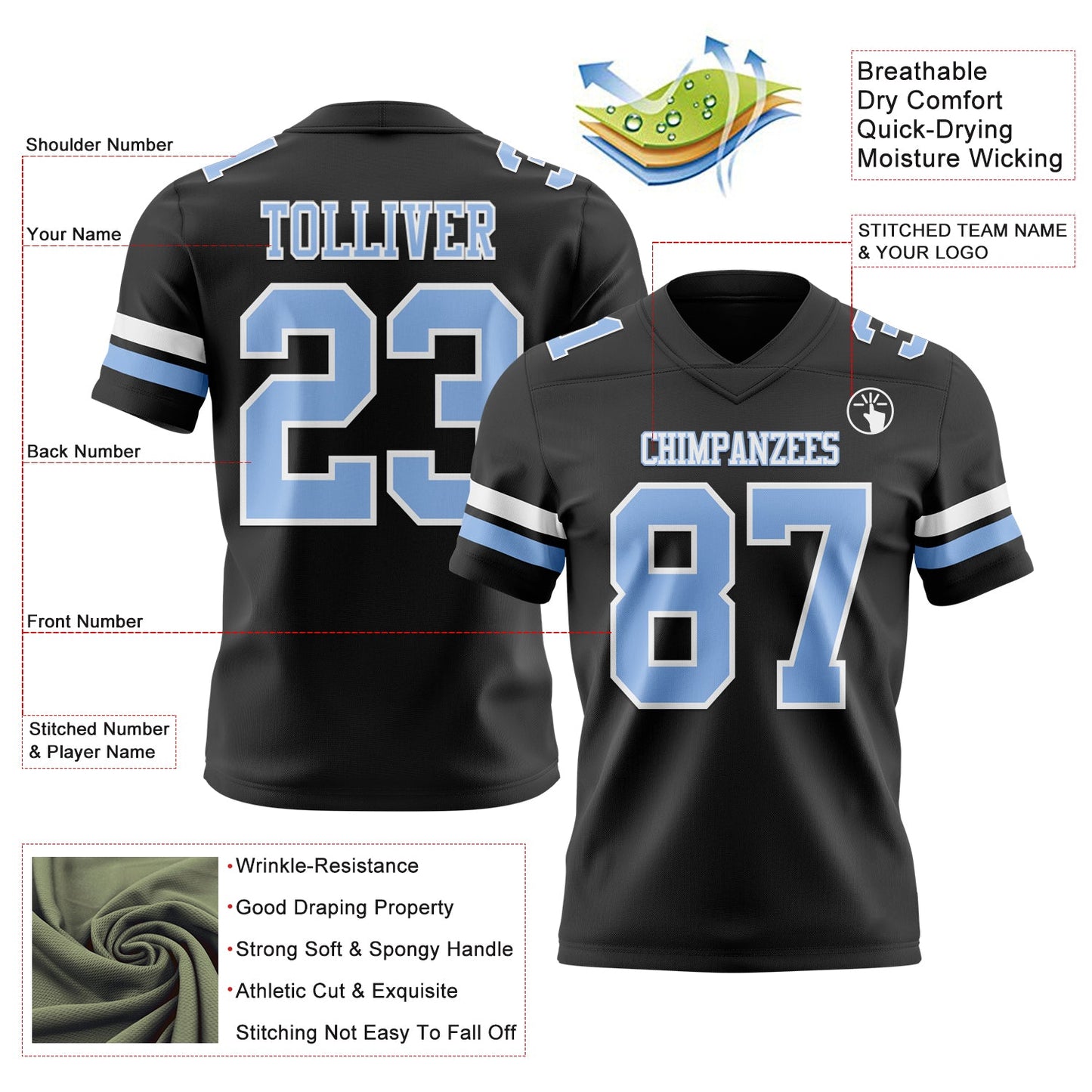Custom Black Light Blue-White Mesh Authentic Football Jersey - Sky-Custom