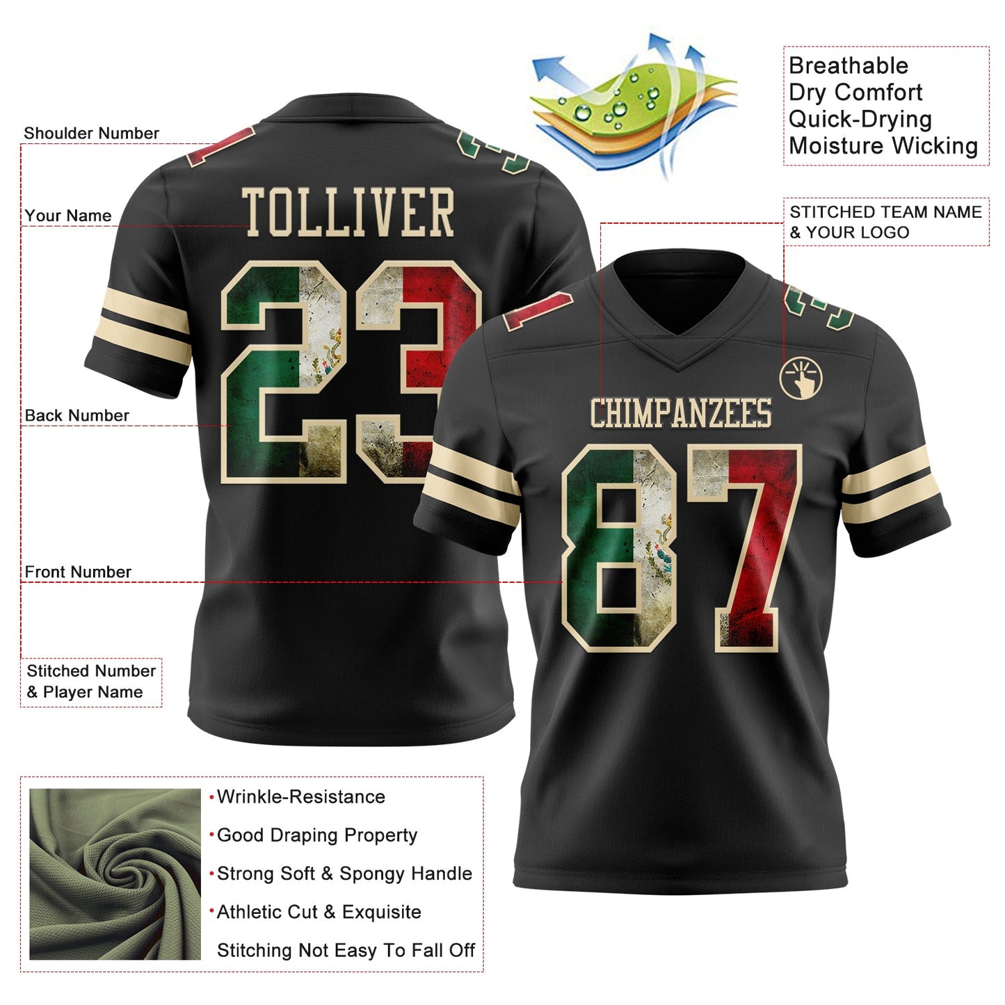 Custom Black Vintage Mexican Flag-Cream Mesh Authentic Football Jersey - Sky-Custom